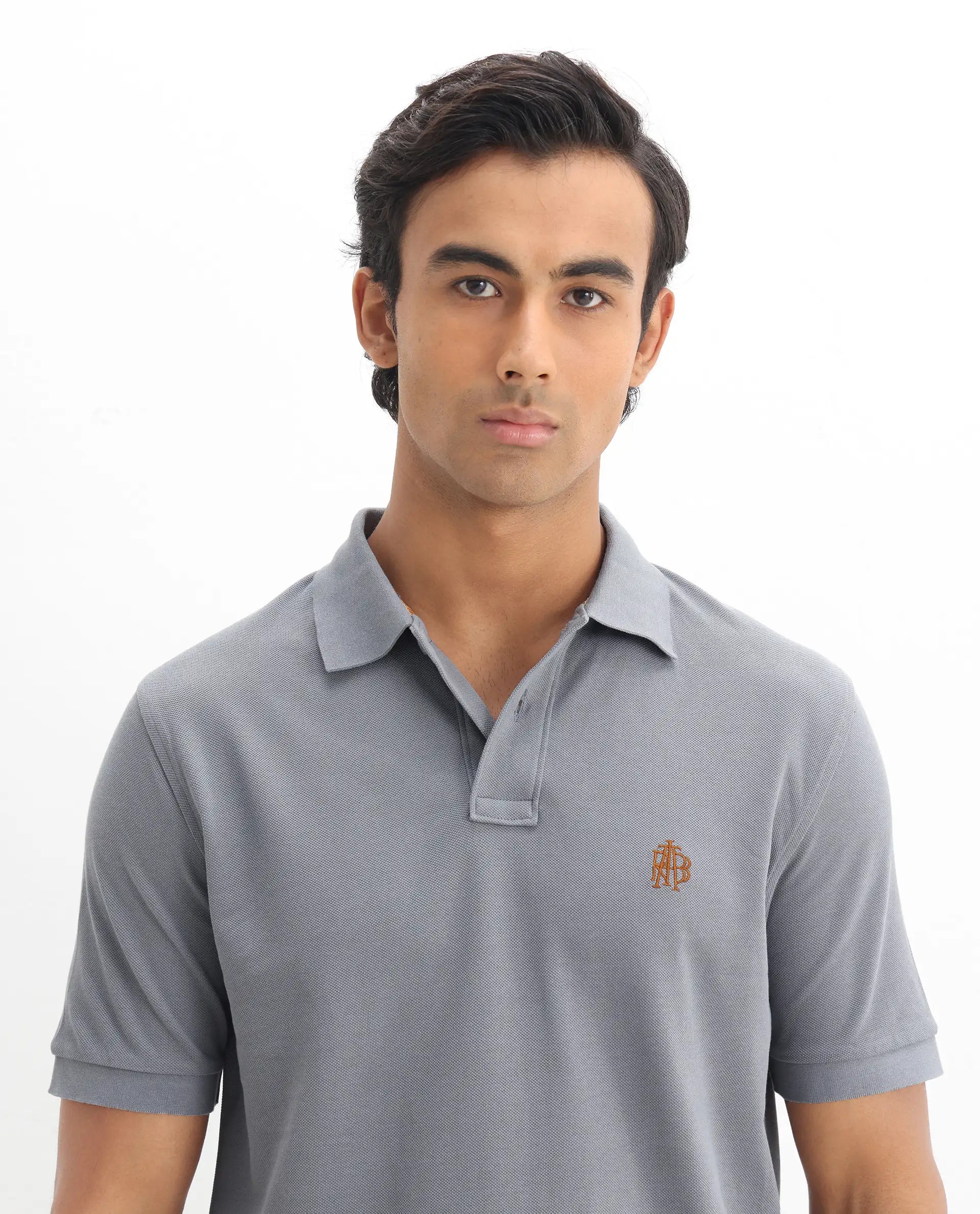 Rare Rabbit Men's Pareto Grey Cotton Embroidered Regular Fit Half Sleeve Polo