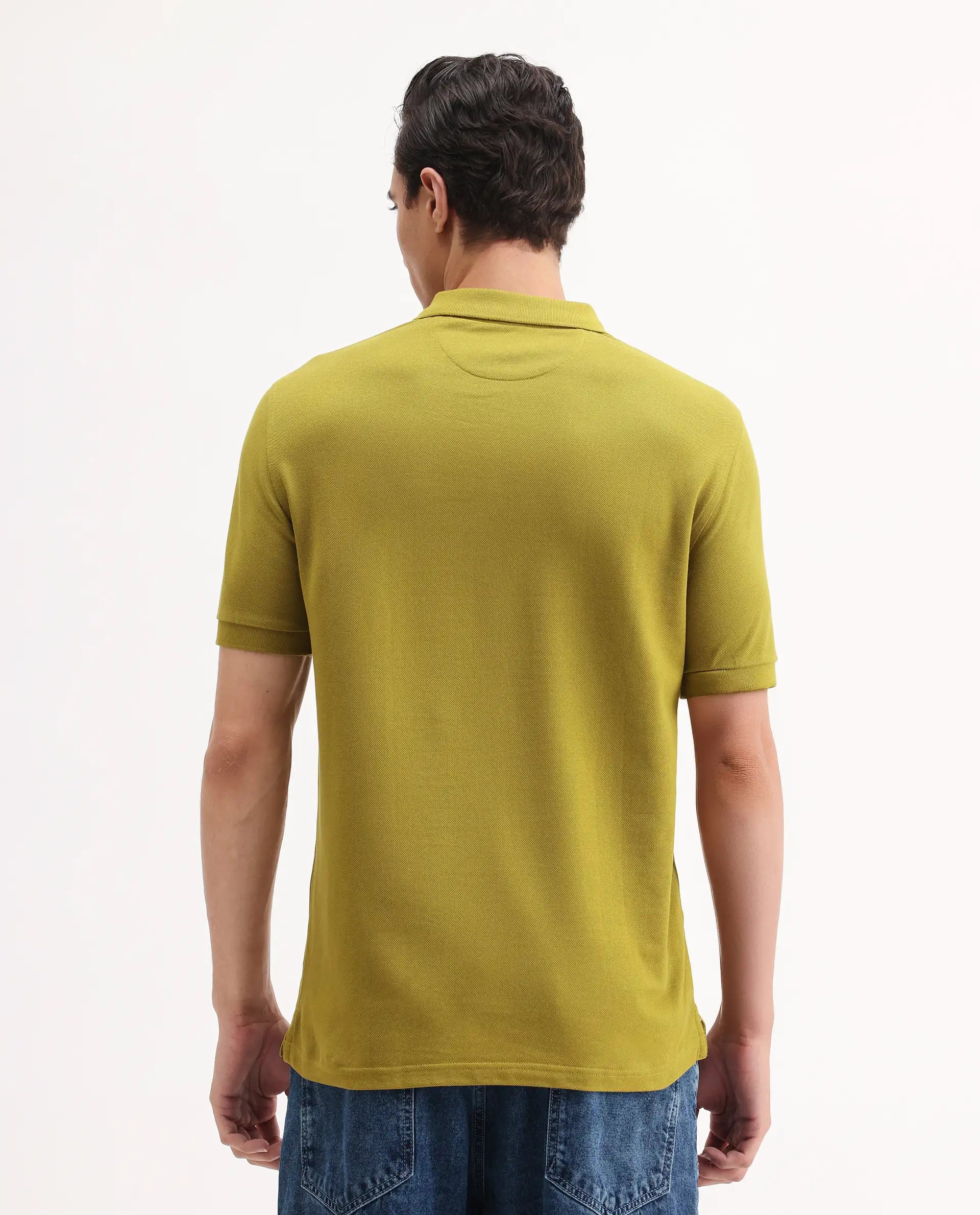 Rare Rabbit Men's Pareto Flouroscent Olive Cotton Embroidered Regular Fit Half Sleeve Polo