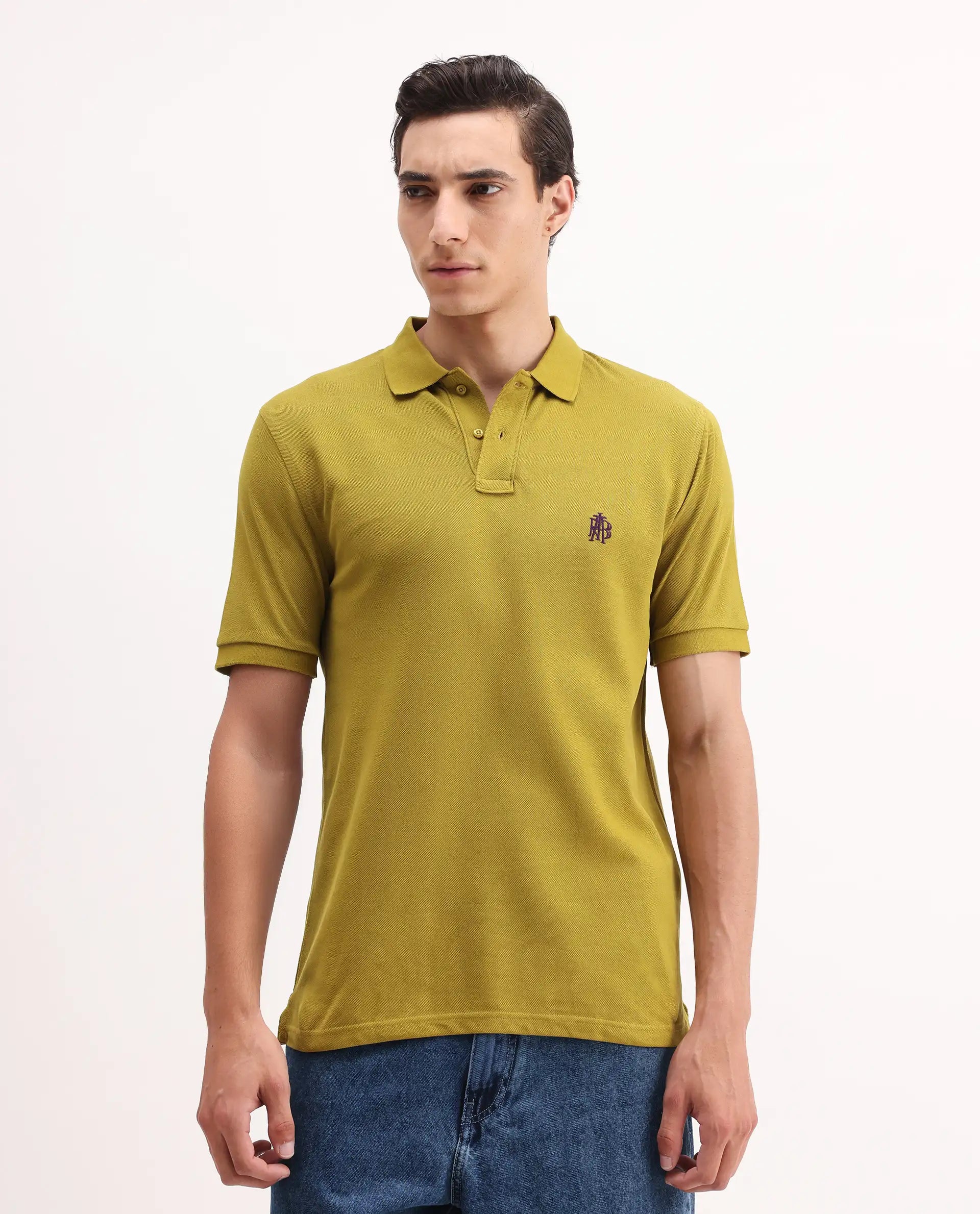 Rare Rabbit Men's Pareto Flouroscent Olive Cotton Embroidered Regular Fit Half Sleeve Polo
