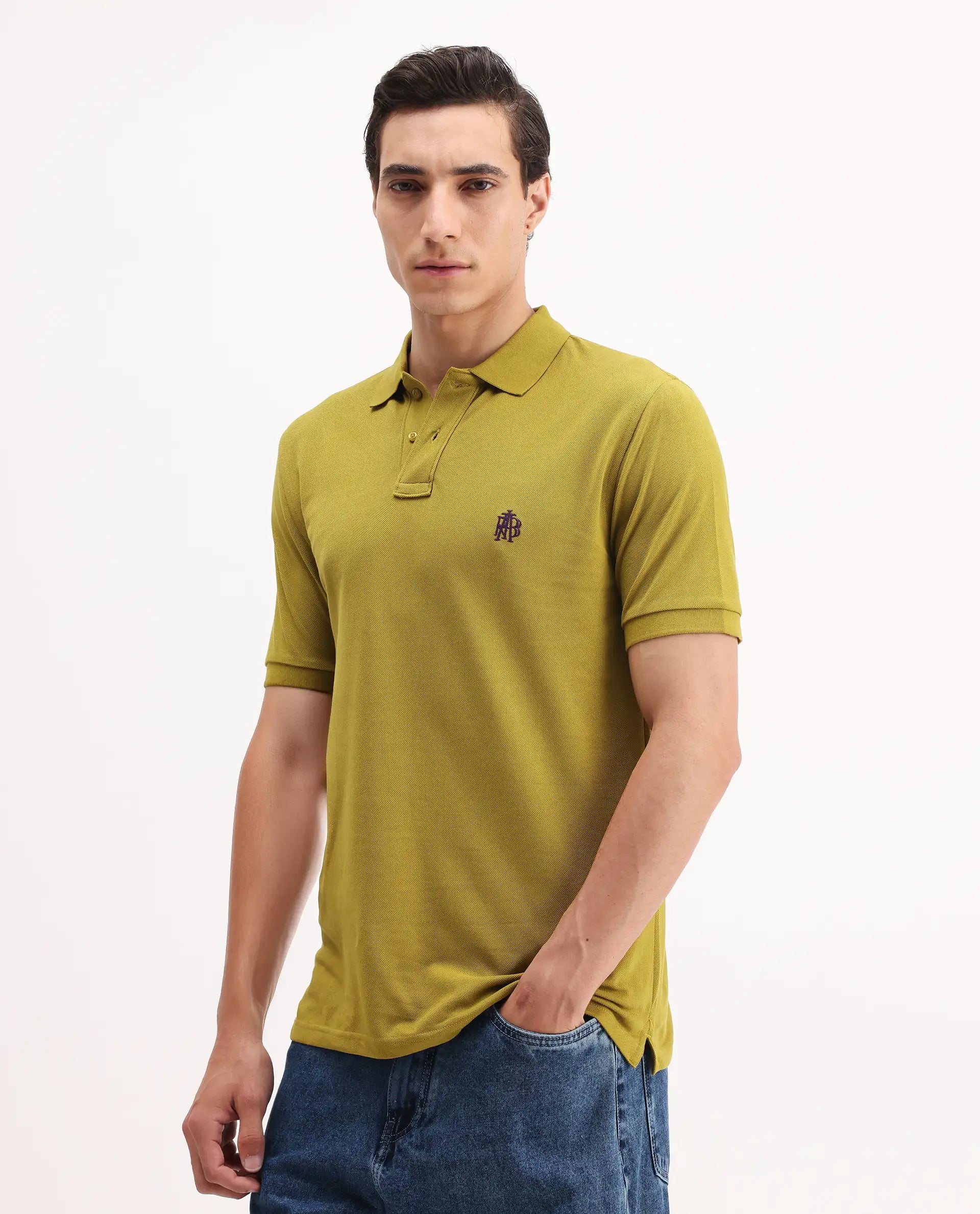 Rare Rabbit Men's Pareto Flouroscent Olive Cotton Embroidered Regular Fit Half Sleeve Polo
