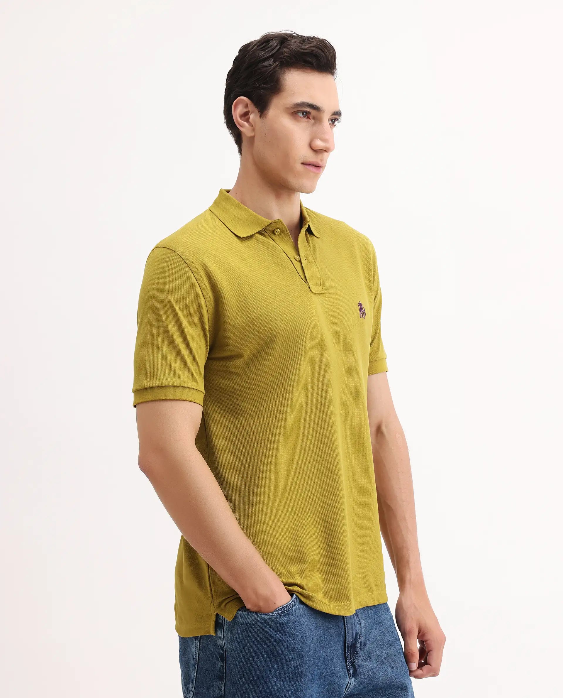 Rare Rabbit Men's Pareto Flouroscent Olive Cotton Embroidered Regular Fit Half Sleeve Polo