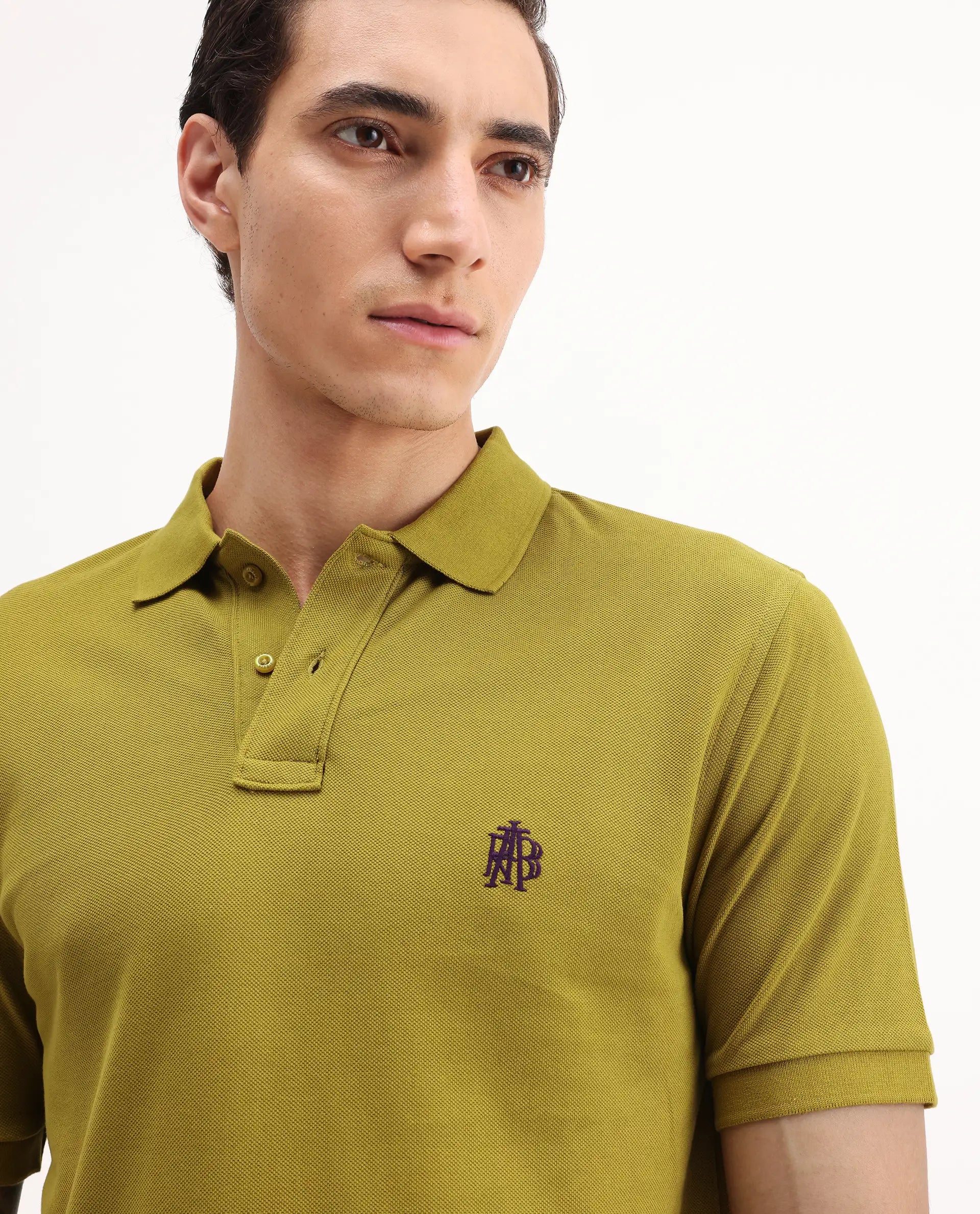 Rare Rabbit Men's Pareto Flouroscent Olive Cotton Embroidered Regular Fit Half Sleeve Polo
