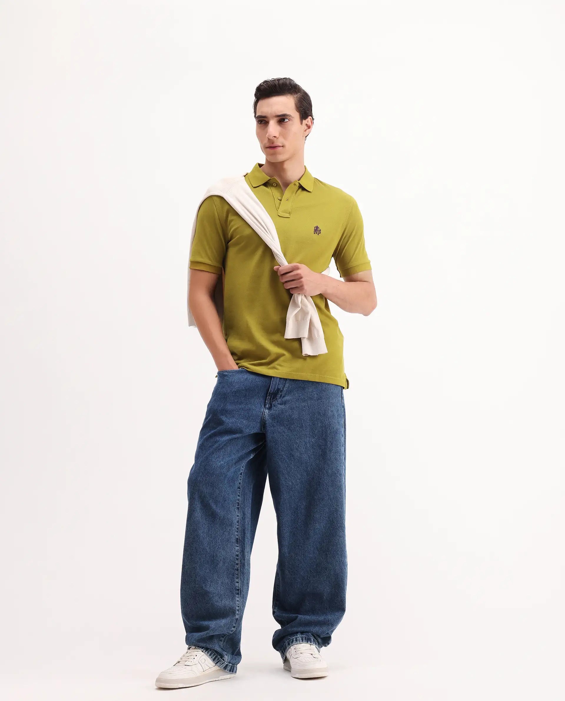 Rare Rabbit Men's Pareto Flouroscent Olive Cotton Embroidered Regular Fit Half Sleeve Polo