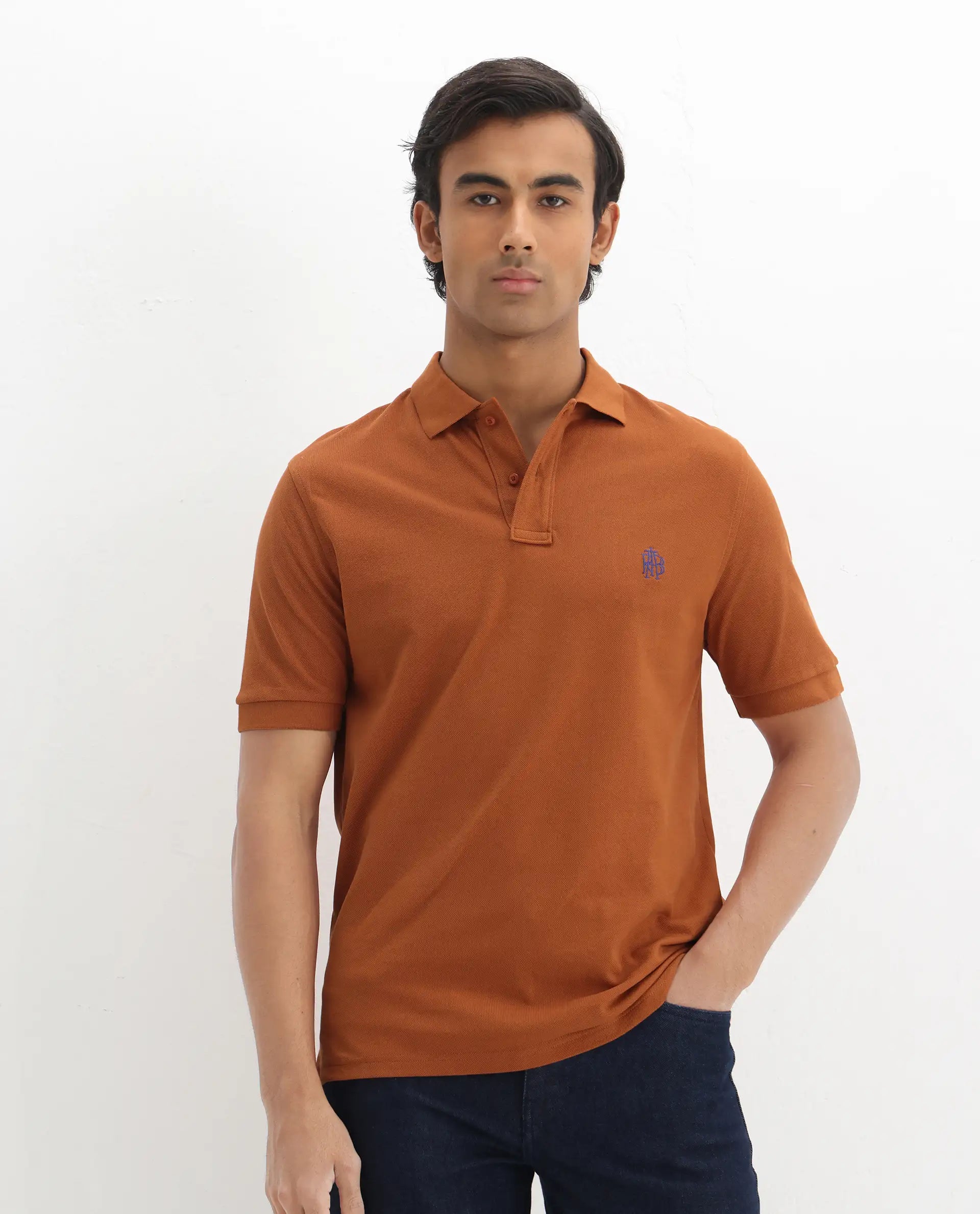 Rare Rabbit Men's Pareto Rust Cotton Embroidered Regular Fit Half Sleeve Polo