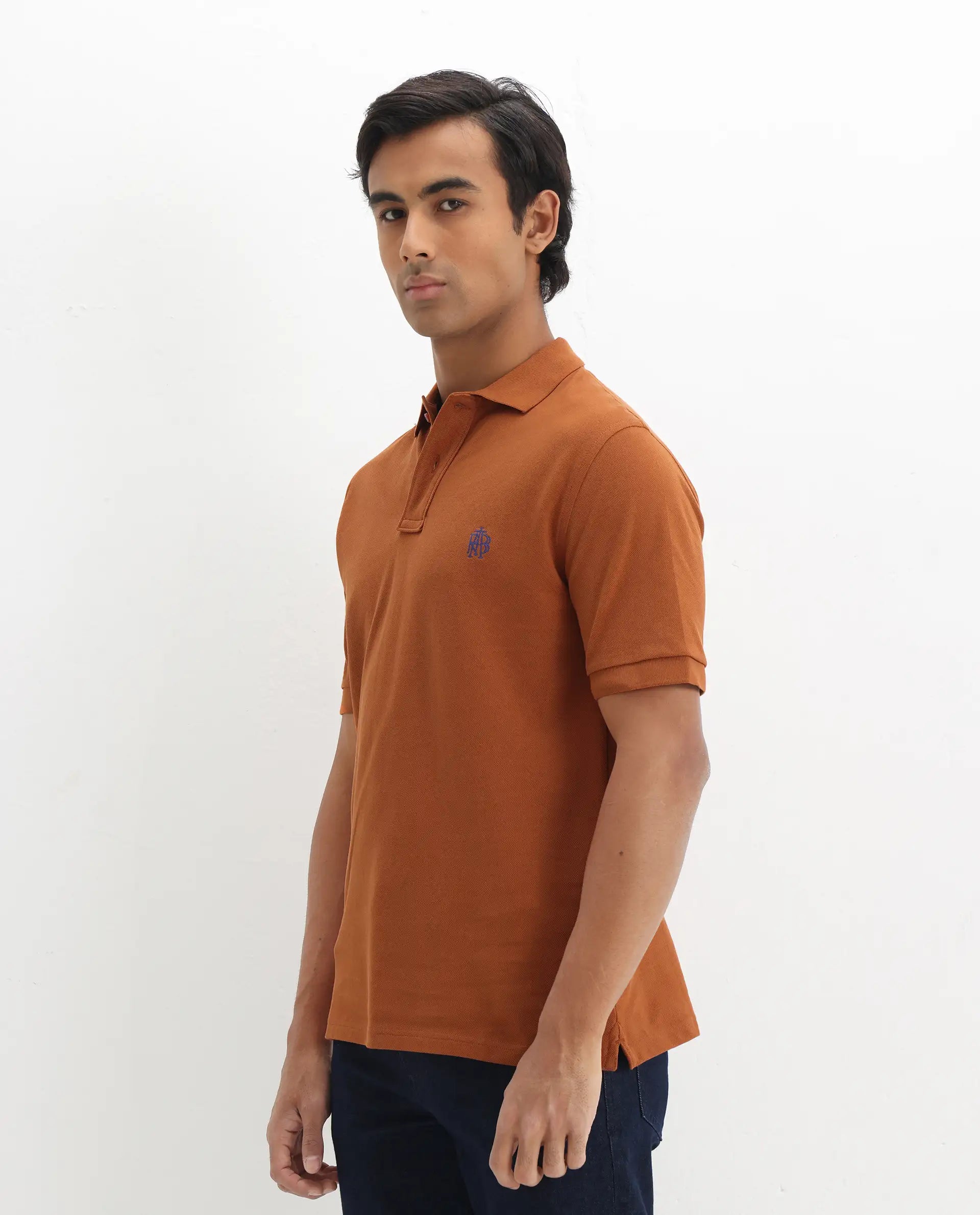 Rare Rabbit Men's Pareto Rust Cotton Embroidered Regular Fit Half Sleeve Polo