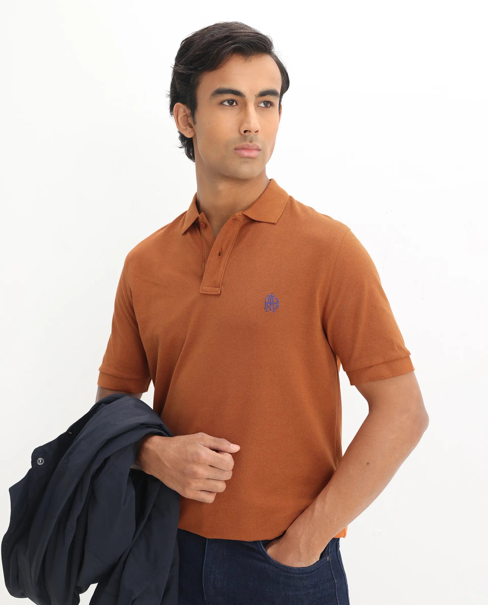 Rare Rabbit Men's Pareto Rust Cotton Embroidered Regular Fit Half Sleeve Polo