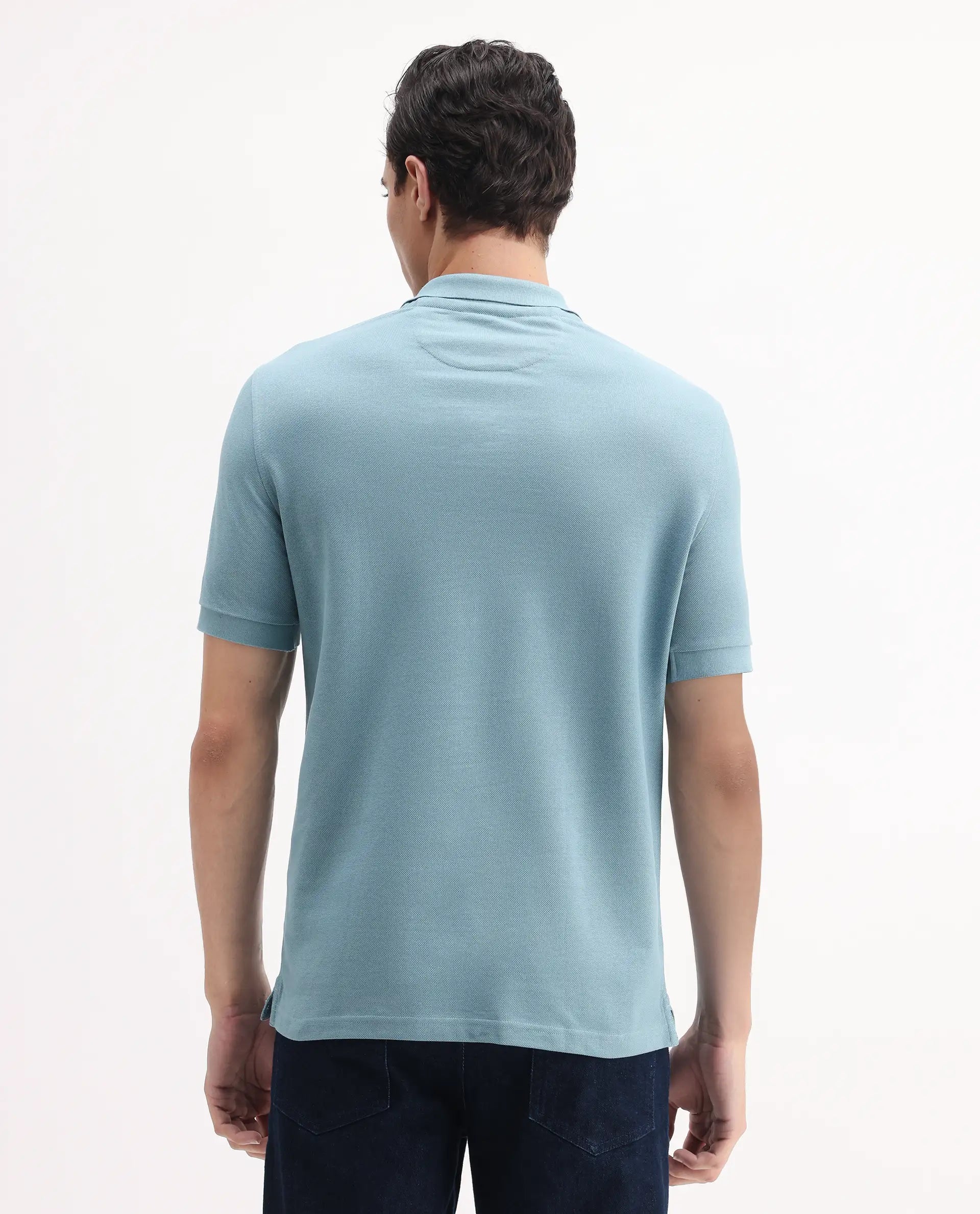 Rare Rabbit Men's Pareto Teal Cotton Embroidered Regular Fit Half Sleeve Polo