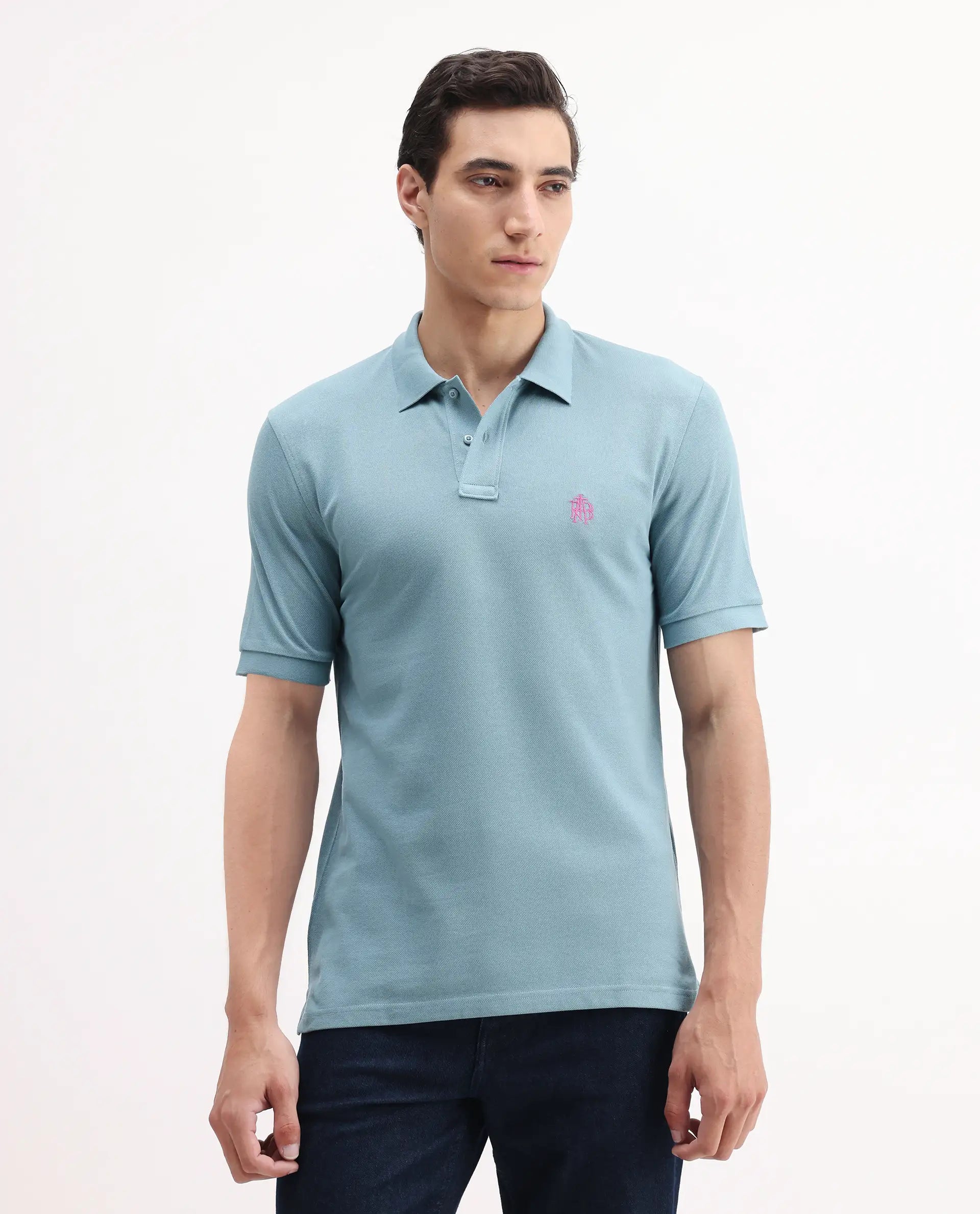 Rare Rabbit Men's Pareto Teal Cotton Embroidered Regular Fit Half Sleeve Polo