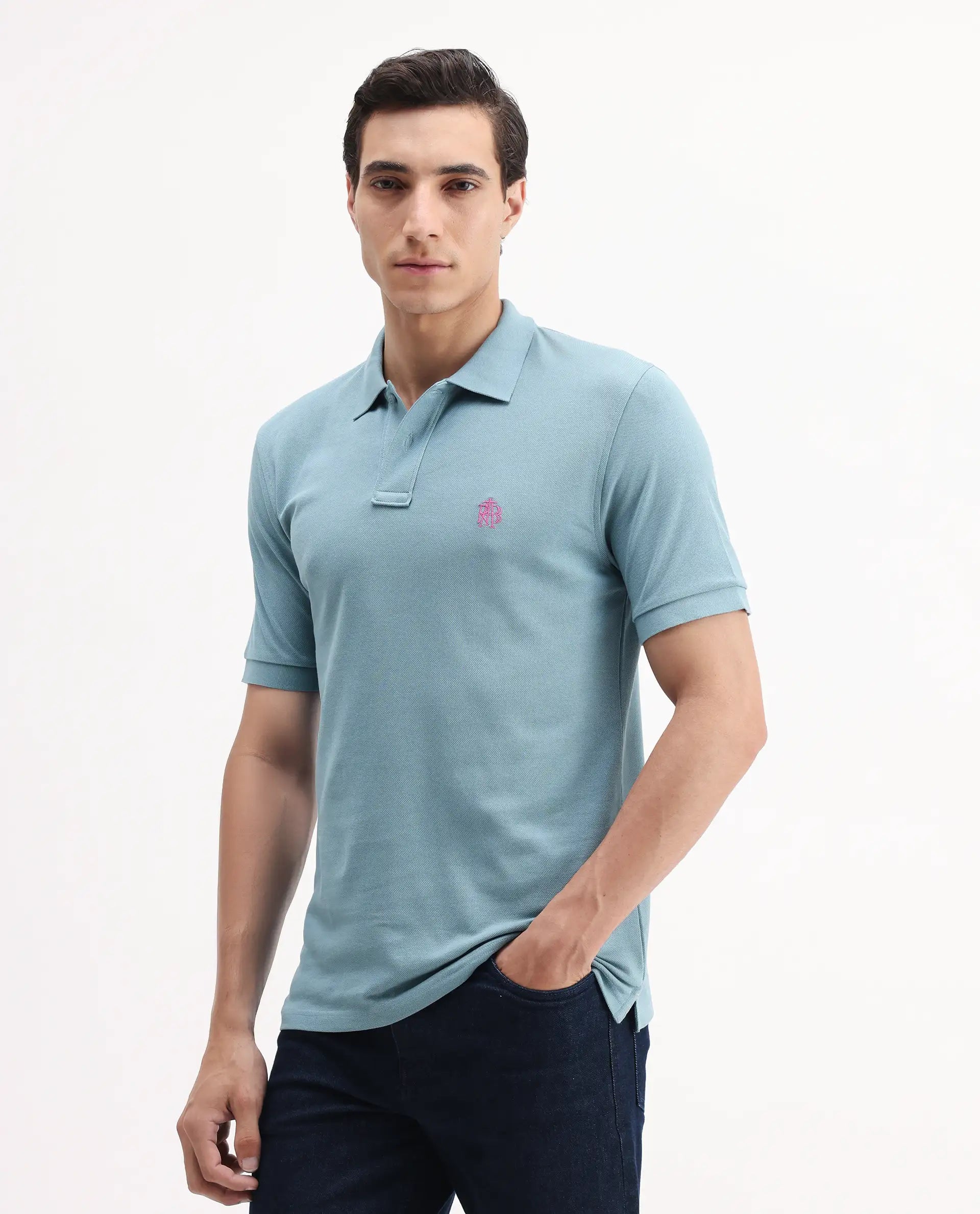 Rare Rabbit Men's Pareto Teal Cotton Embroidered Regular Fit Half Sleeve Polo