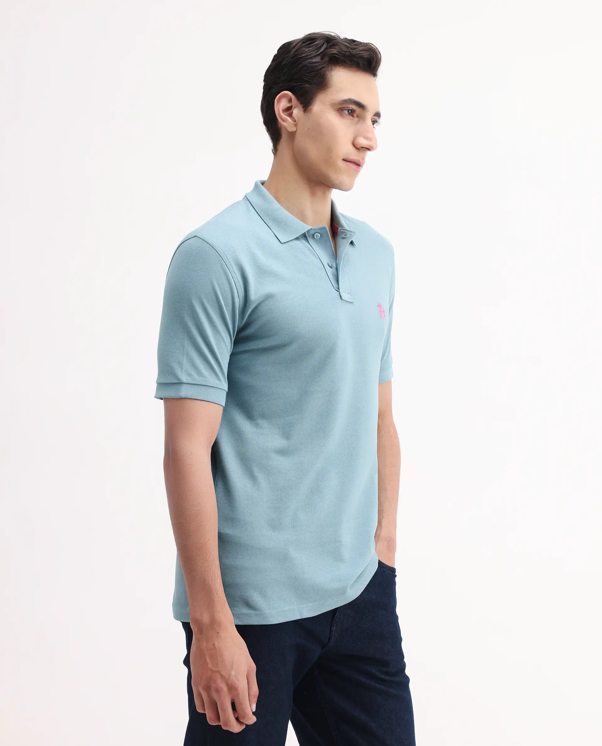 Rare Rabbit Men's Pareto Teal Cotton Embroidered Regular Fit Half Sleeve Polo