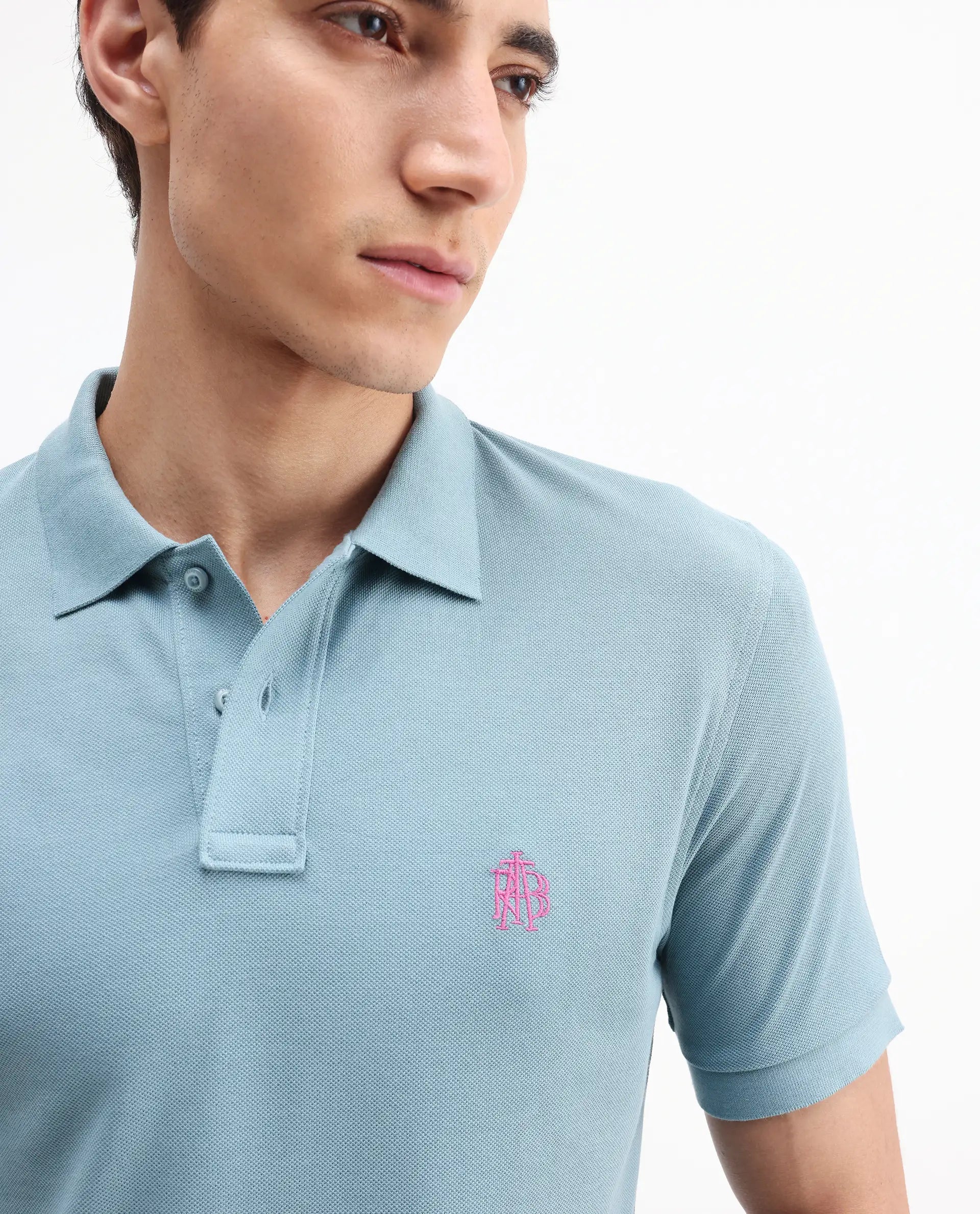 Rare Rabbit Men's Pareto Teal Cotton Embroidered Regular Fit Half Sleeve Polo