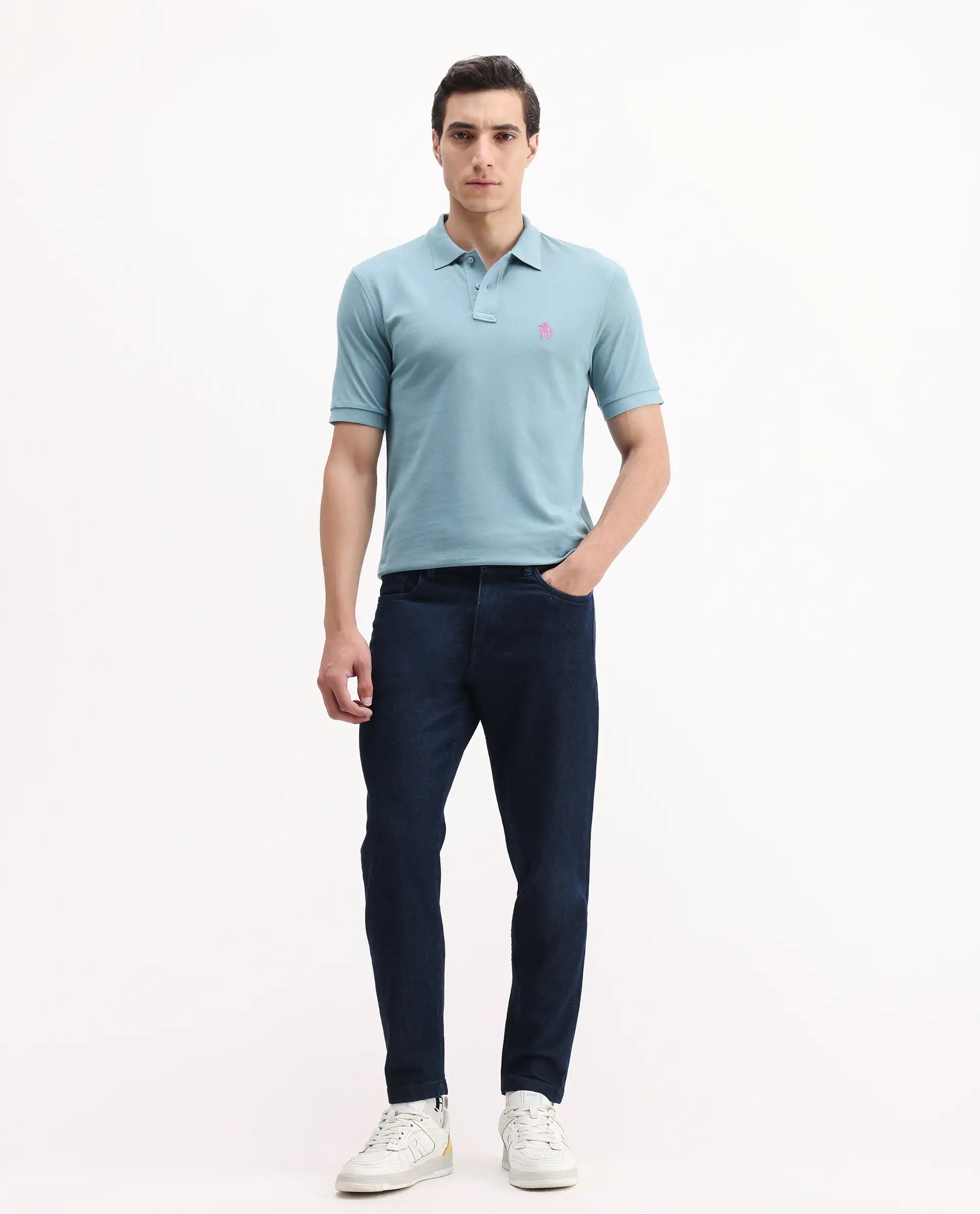 Rare Rabbit Men's Pareto Teal Cotton Embroidered Regular Fit Half Sleeve Polo