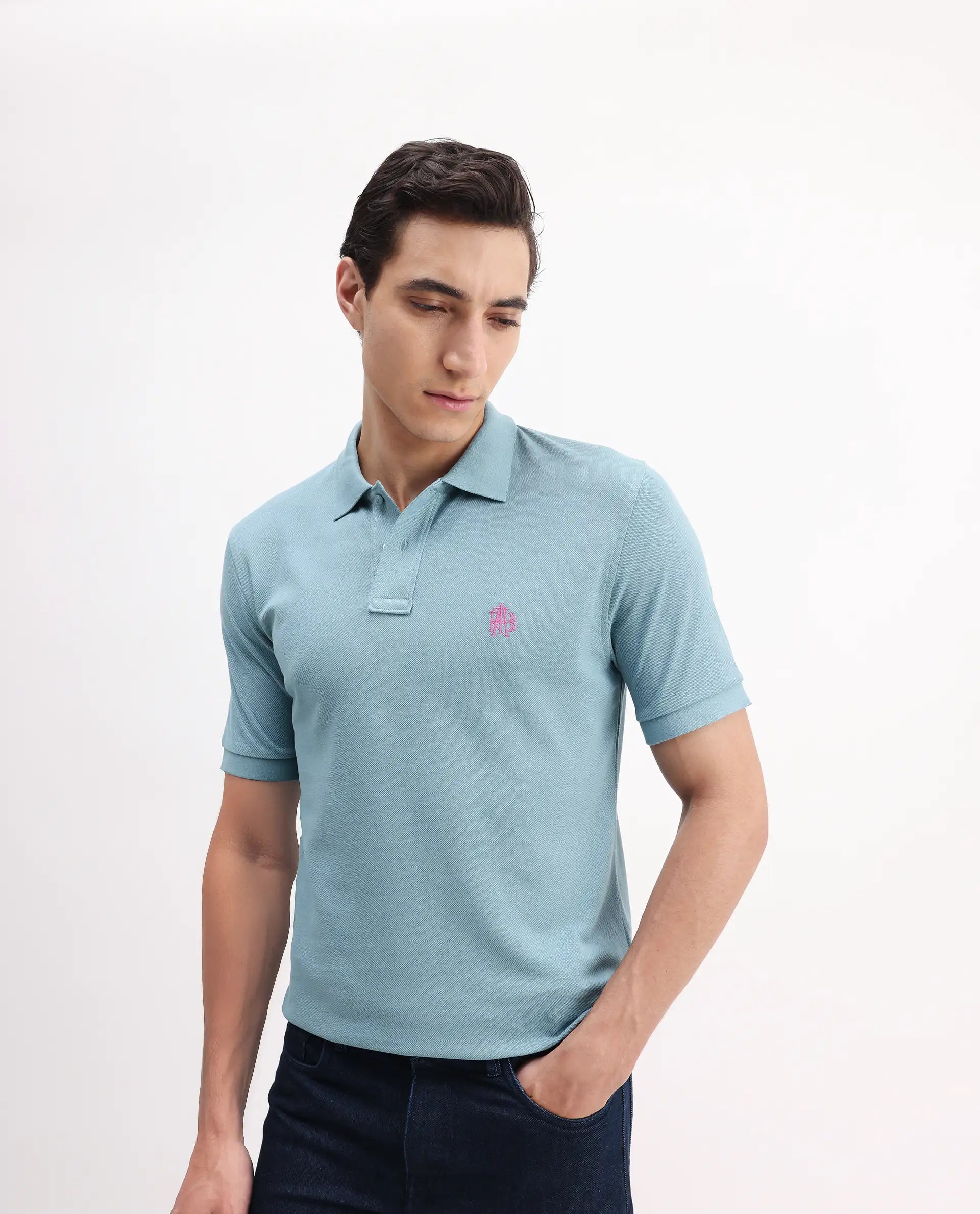 Rare Rabbit Men's Pareto Teal Cotton Embroidered Regular Fit Half Sleeve Polo