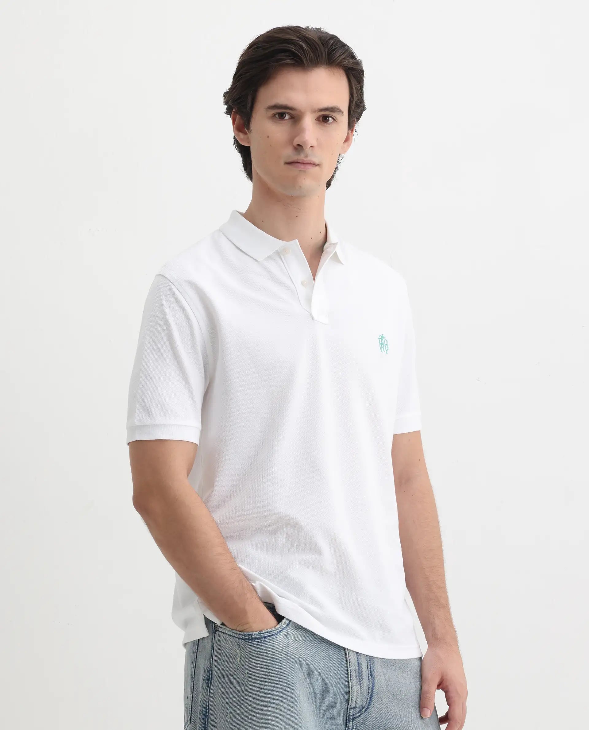 Rare Rabbit Men's Pareto White Cotton Embroidered Regular Fit Half Sleeve Polo