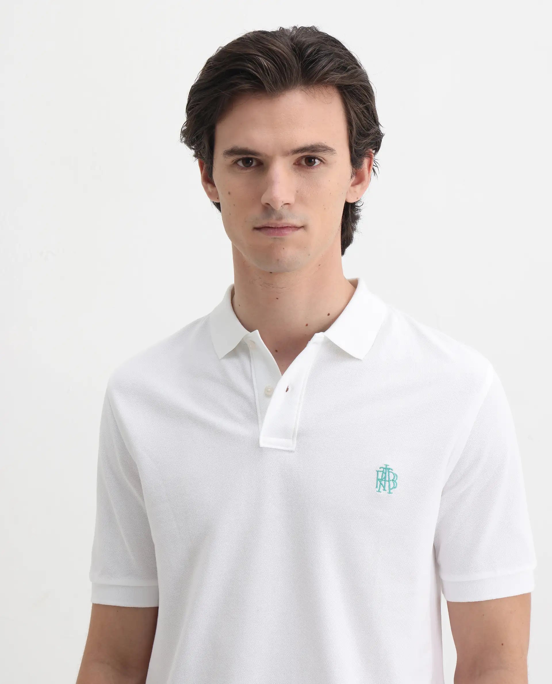 Rare Rabbit Men's Pareto White Cotton Embroidered Regular Fit Half Sleeve Polo