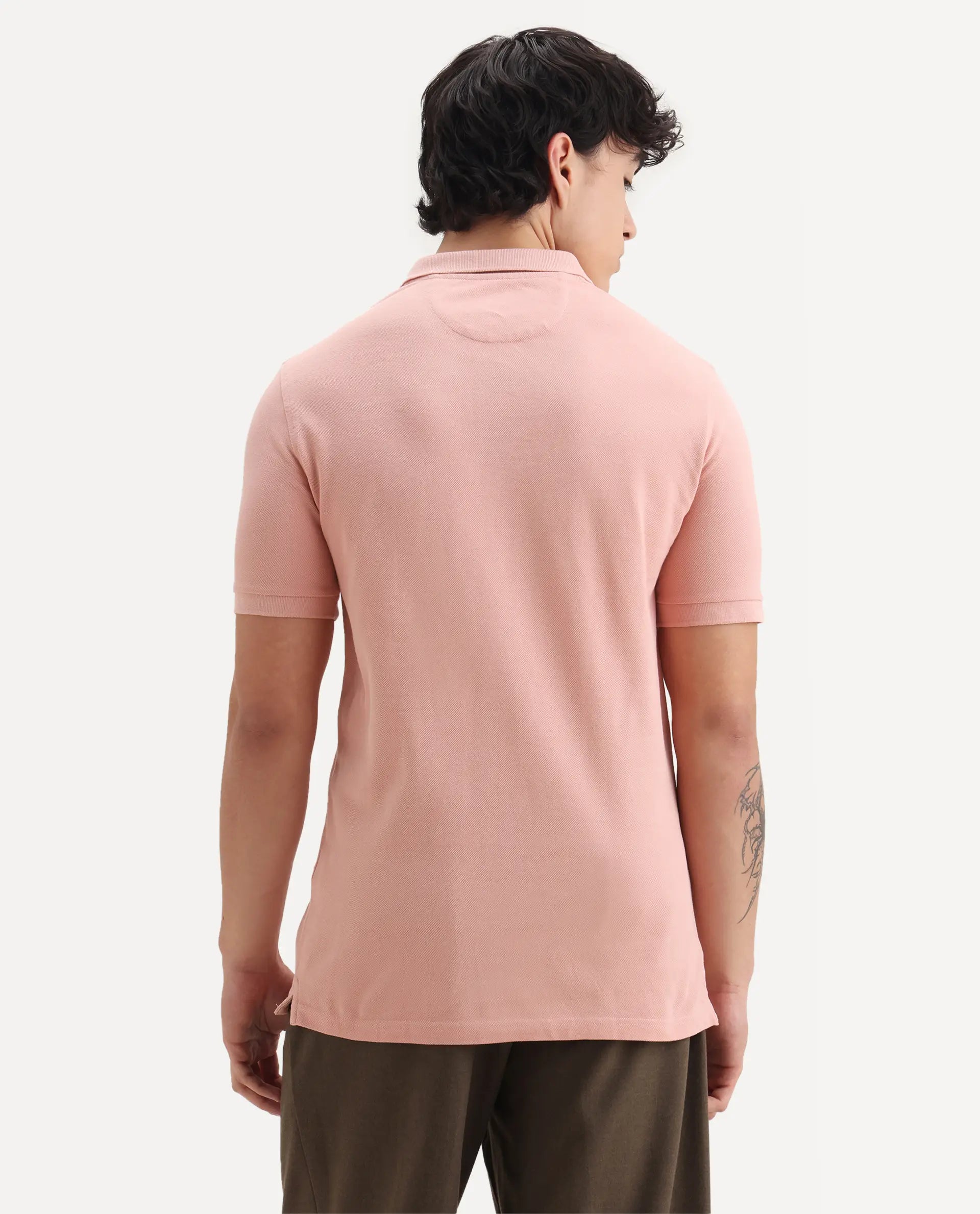 Rare Rabbit Men's Paret-Pastel Pastel Peach Cotton Embroidered Regular Fit Half Sleeve Polo