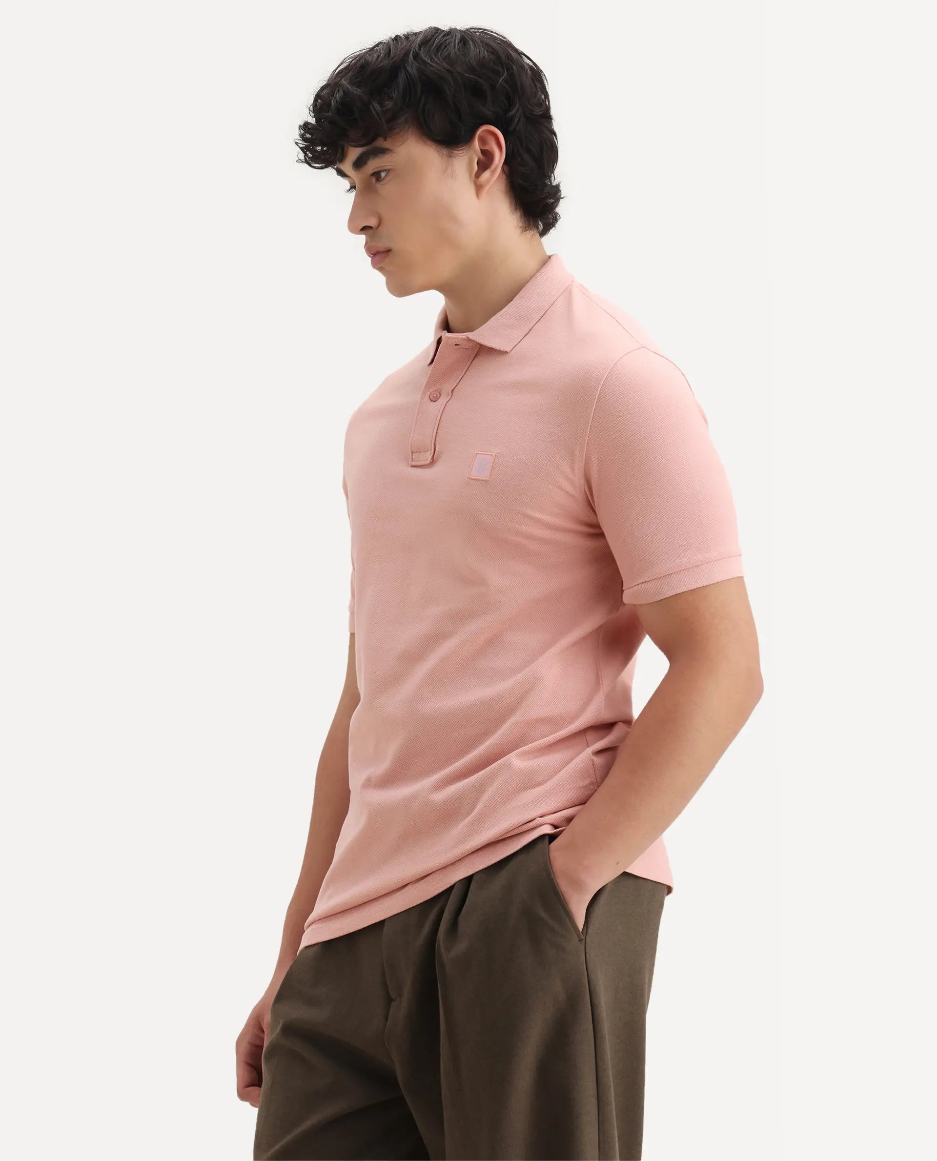 Rare Rabbit Men's Paret-Pastel Pastel Peach Cotton Embroidered Regular Fit Half Sleeve Polo