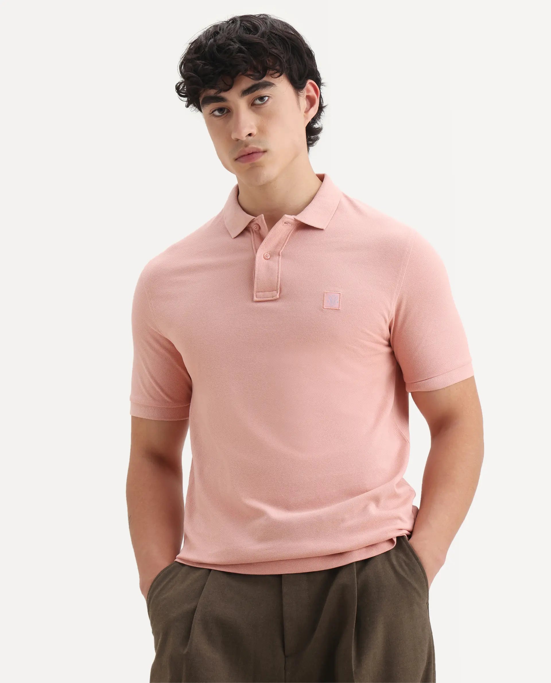 Rare Rabbit Men's Paret-Pastel Pastel Peach Cotton Embroidered Regular Fit Half Sleeve Polo