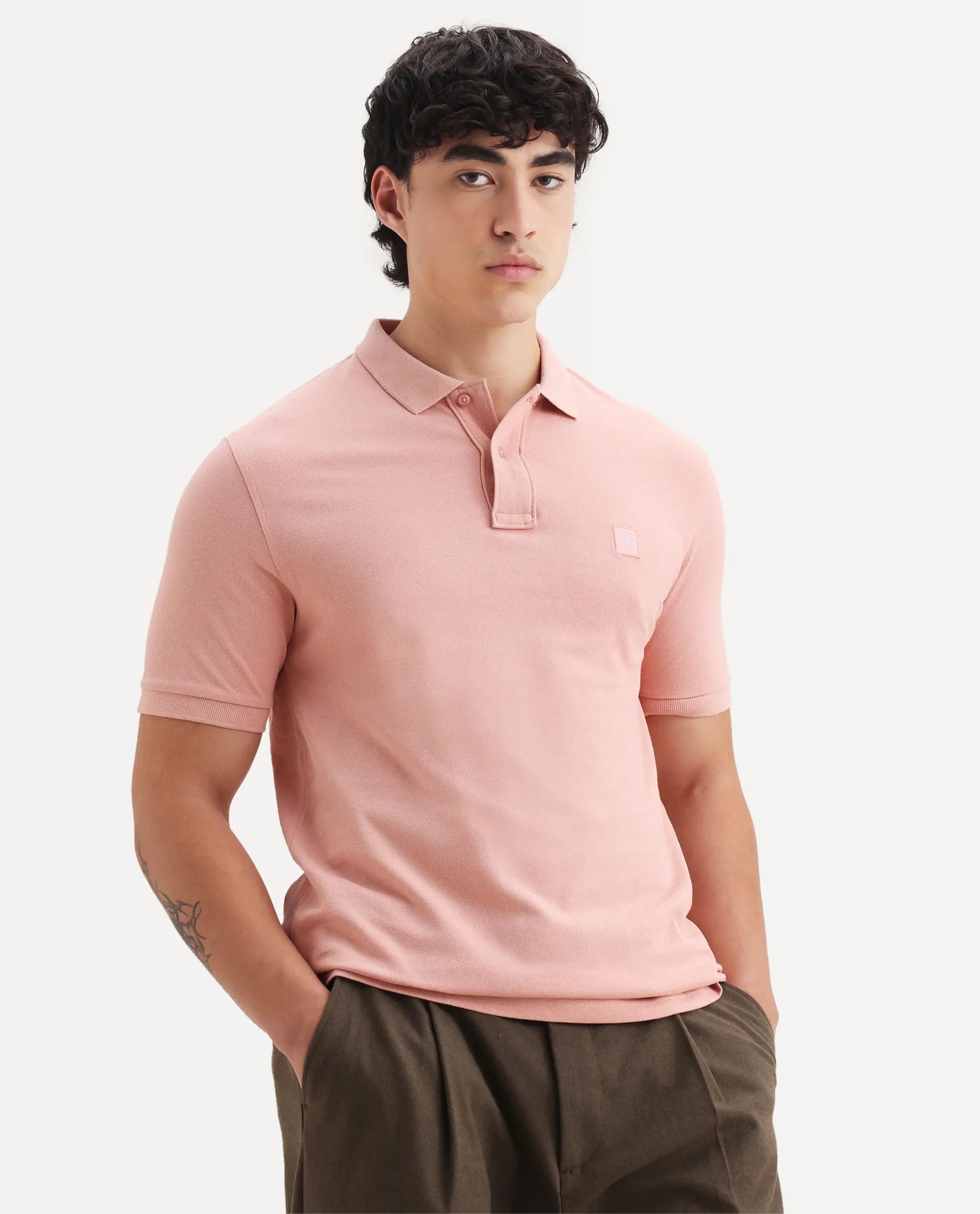 Rare Rabbit Men's Paret-Pastel Pastel Peach Cotton Embroidered Regular Fit Half Sleeve Polo