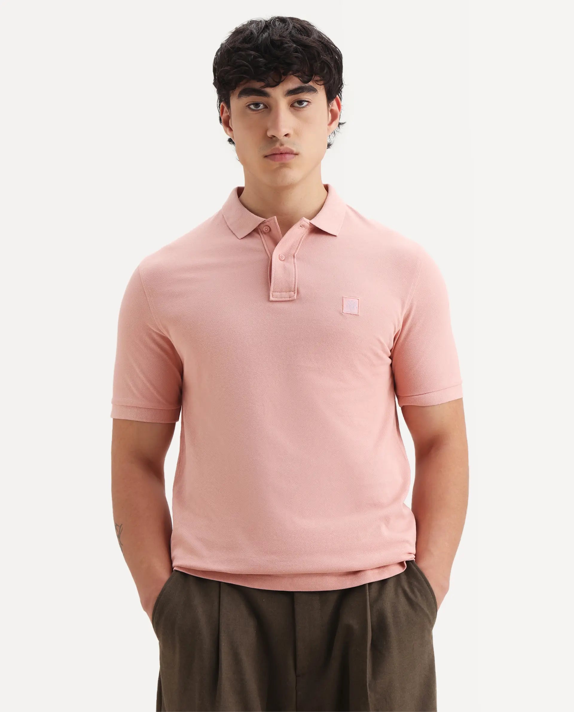 Rare Rabbit Men's Paret-Pastel Pastel Peach Cotton Embroidered Regular Fit Half Sleeve Polo