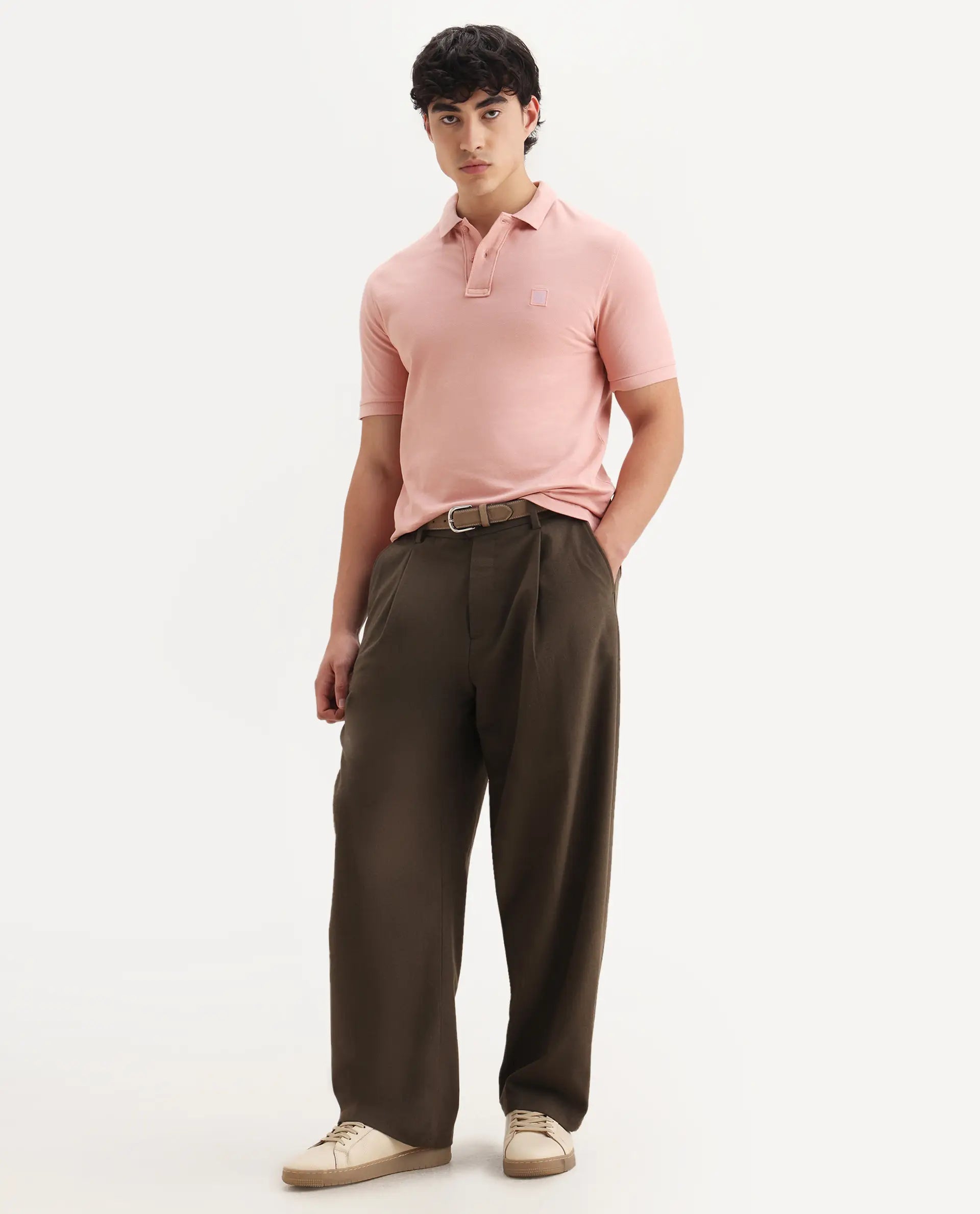 Rare Rabbit Men's Paret-Pastel Pastel Peach Cotton Embroidered Regular Fit Half Sleeve Polo