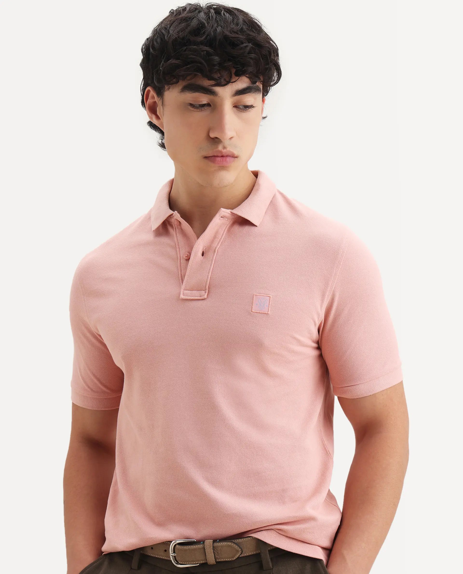 Rare Rabbit Men's Paret-Pastel Pastel Peach Cotton Embroidered Regular Fit Half Sleeve Polo