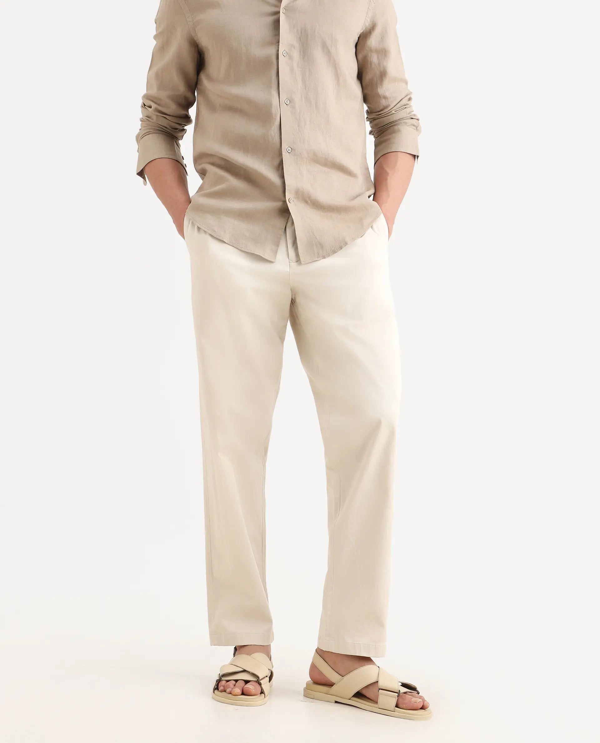 Rare Rabbit Men's Parga Light Beige Cotton Blend Fabric Regular Fit Plain Trouser