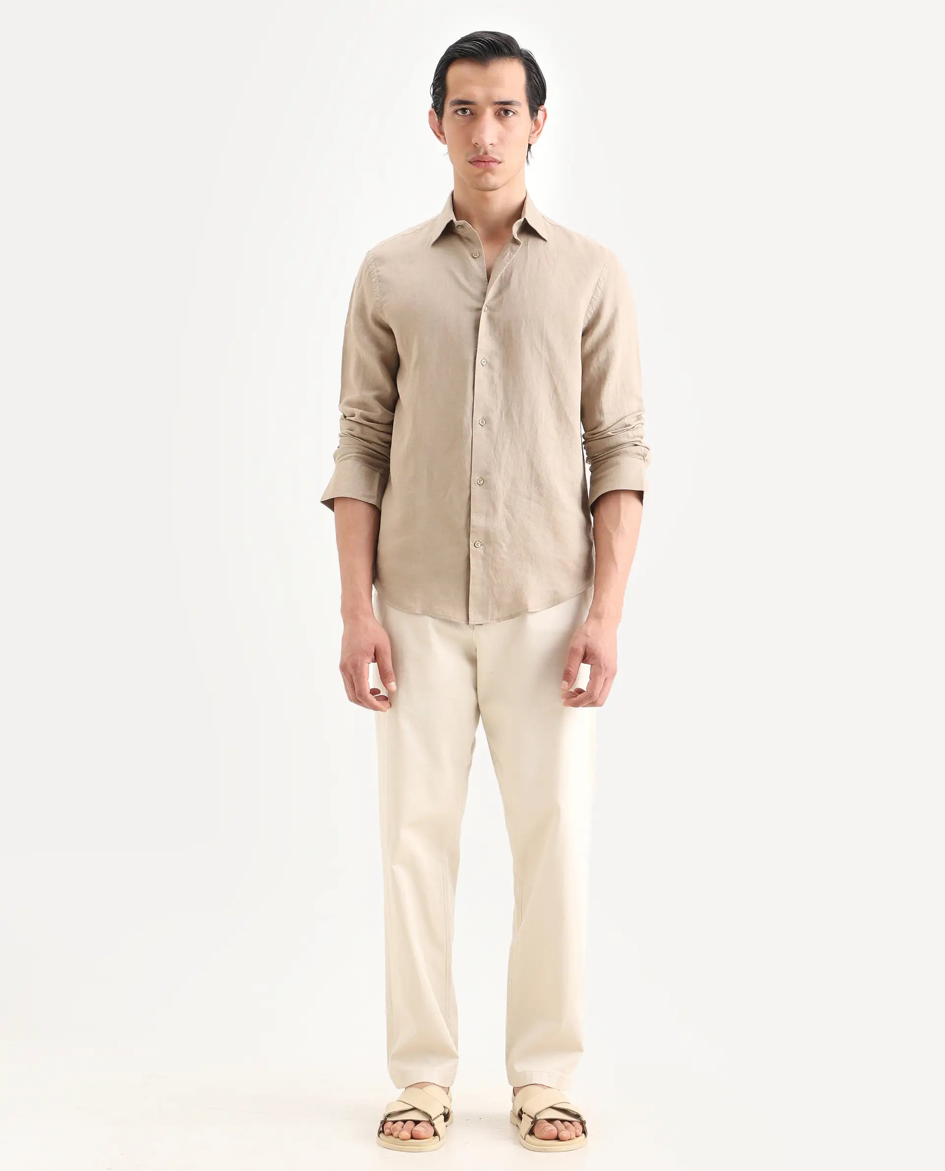 Rare Rabbit Men's Parga Light Beige Cotton Blend Fabric Regular Fit Plain Trouser