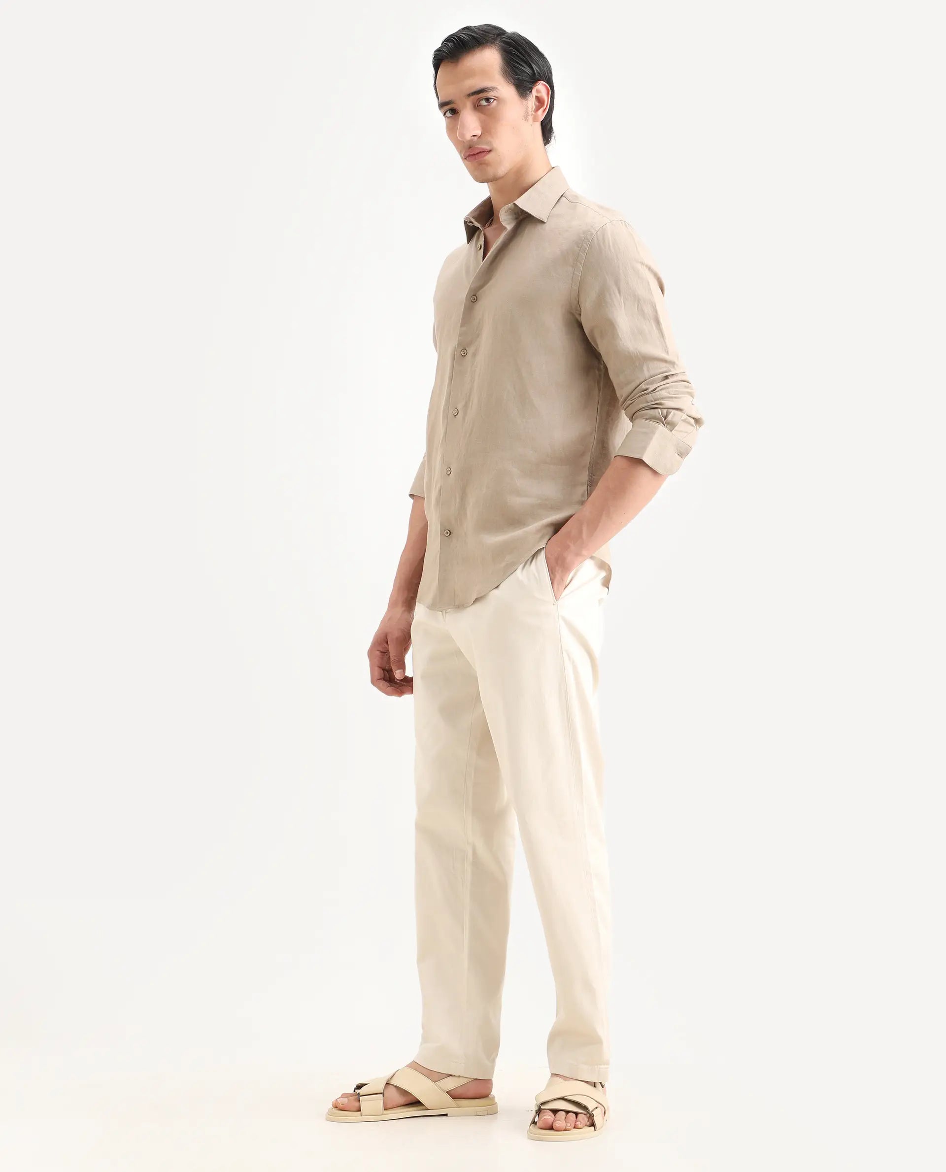 Rare Rabbit Men's Parga Light Beige Cotton Blend Fabric Regular Fit Plain Trouser