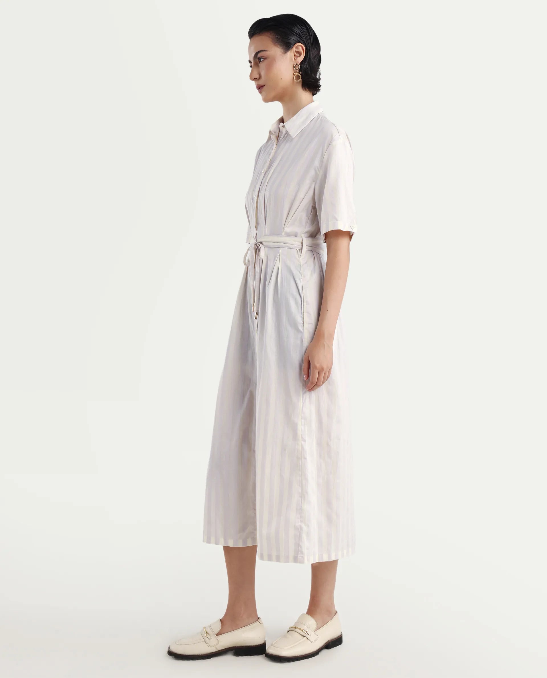 Rareism Women's Paris Yellow Spread Collar Striped Knee Length Regular Fit Dress