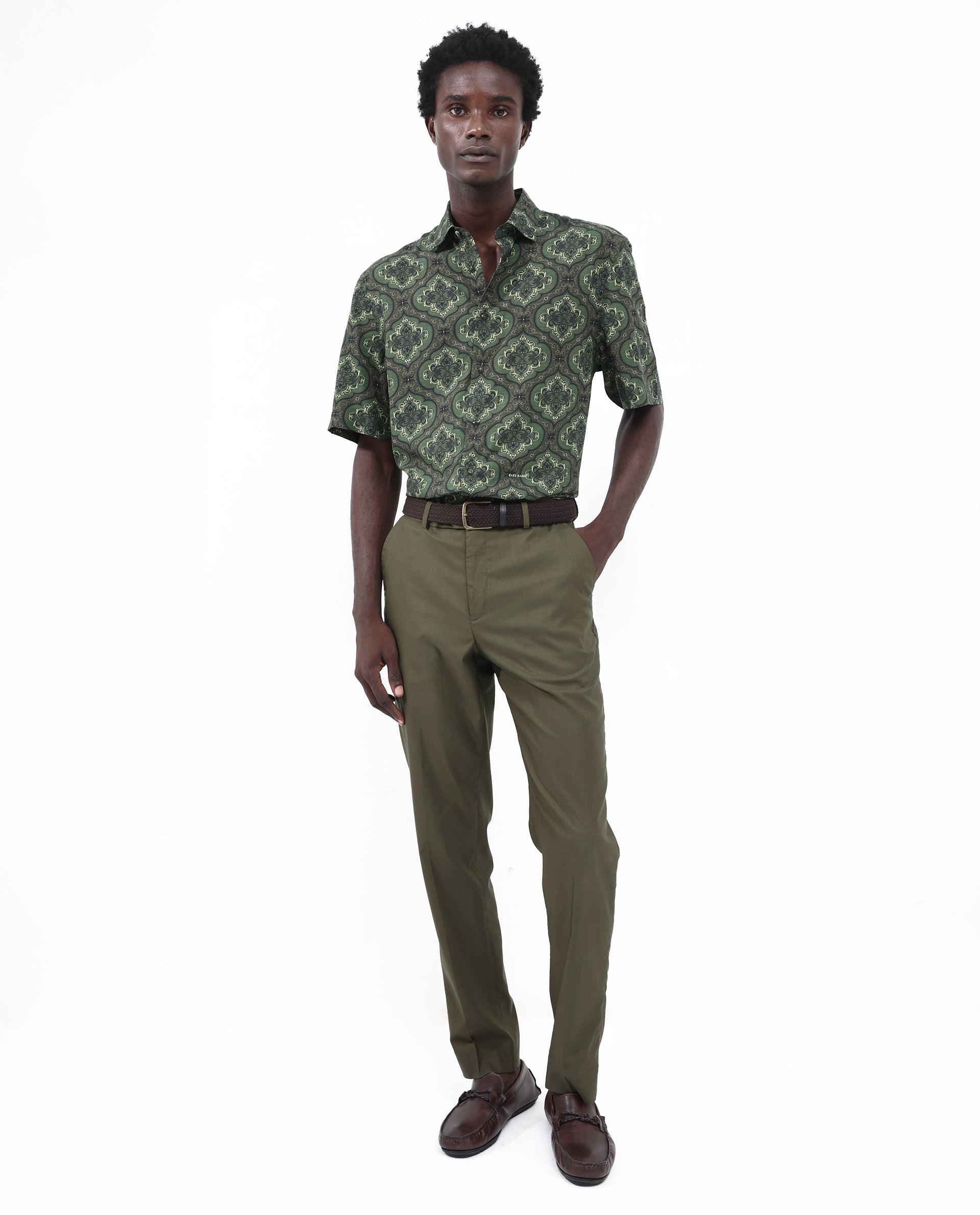 Rare Rabbit Men's Parkes Green Viscose Fabric Half Sleeve Boxy Fit Decorative Art Print Shirt