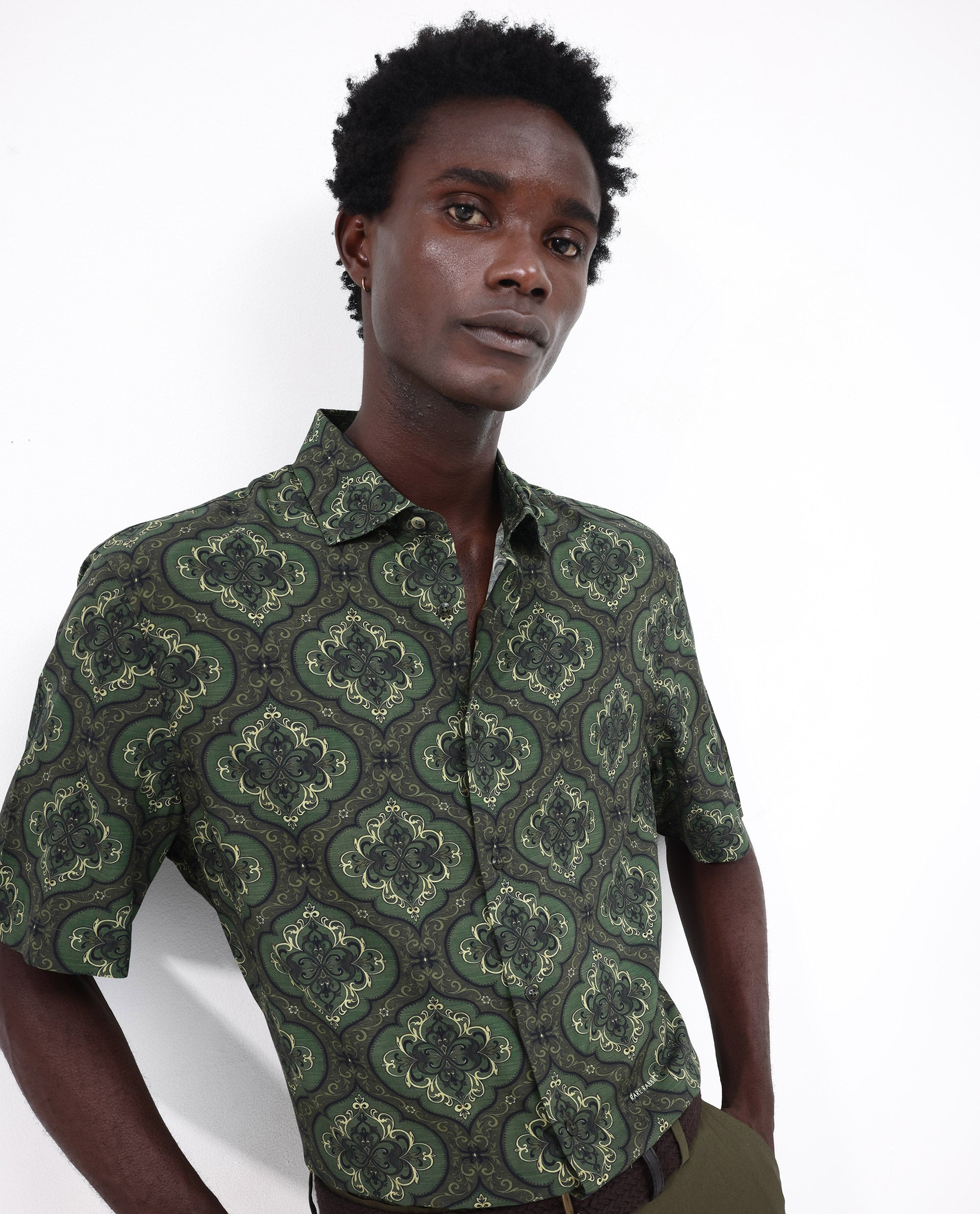 Rare Rabbit Men's Parkes Green Viscose Fabric Half Sleeve Boxy Fit Decorative Art Print Shirt