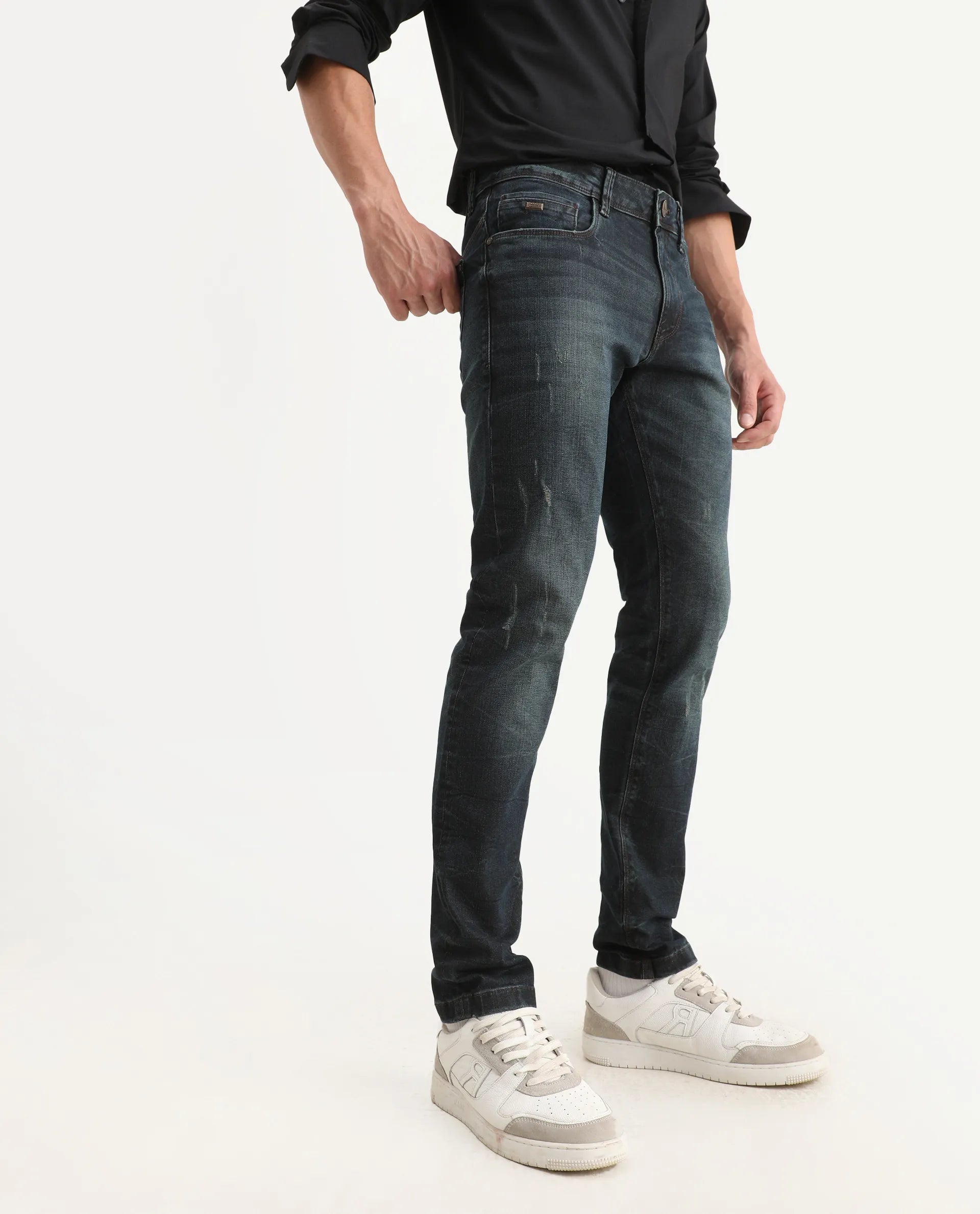 Rare Rabbit Men's Parle-1 Dark Blue Cotton Blend Fabric Hawk Slim Plain Jeans