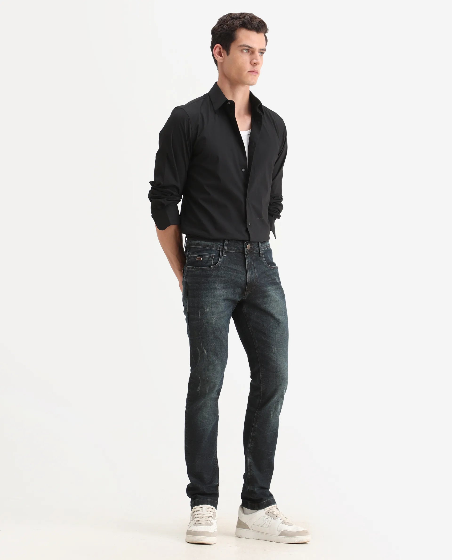 Rare Rabbit Men's Parle-1 Dark Blue Cotton Blend Fabric Hawk Slim Plain Jeans