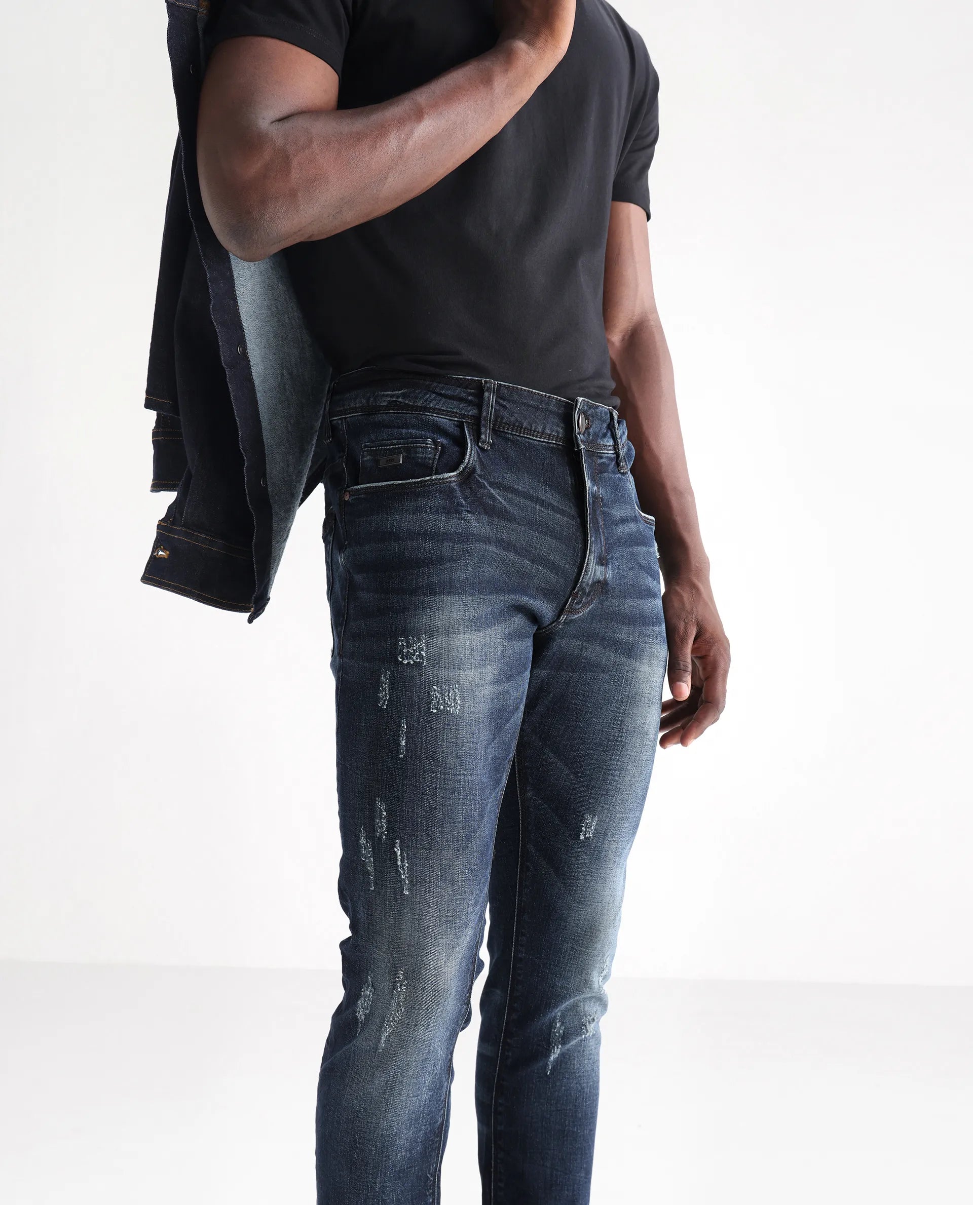 Rare Rabbit Men's Parle Navy Cotton Plain Hawk Slim Fit Jeans