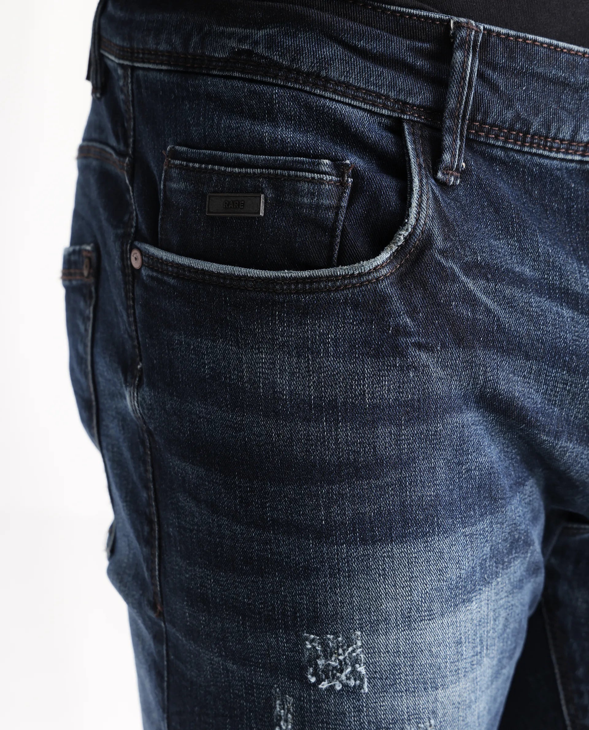 Rare Rabbit Men's Parle Navy Cotton Plain Hawk Slim Fit Jeans