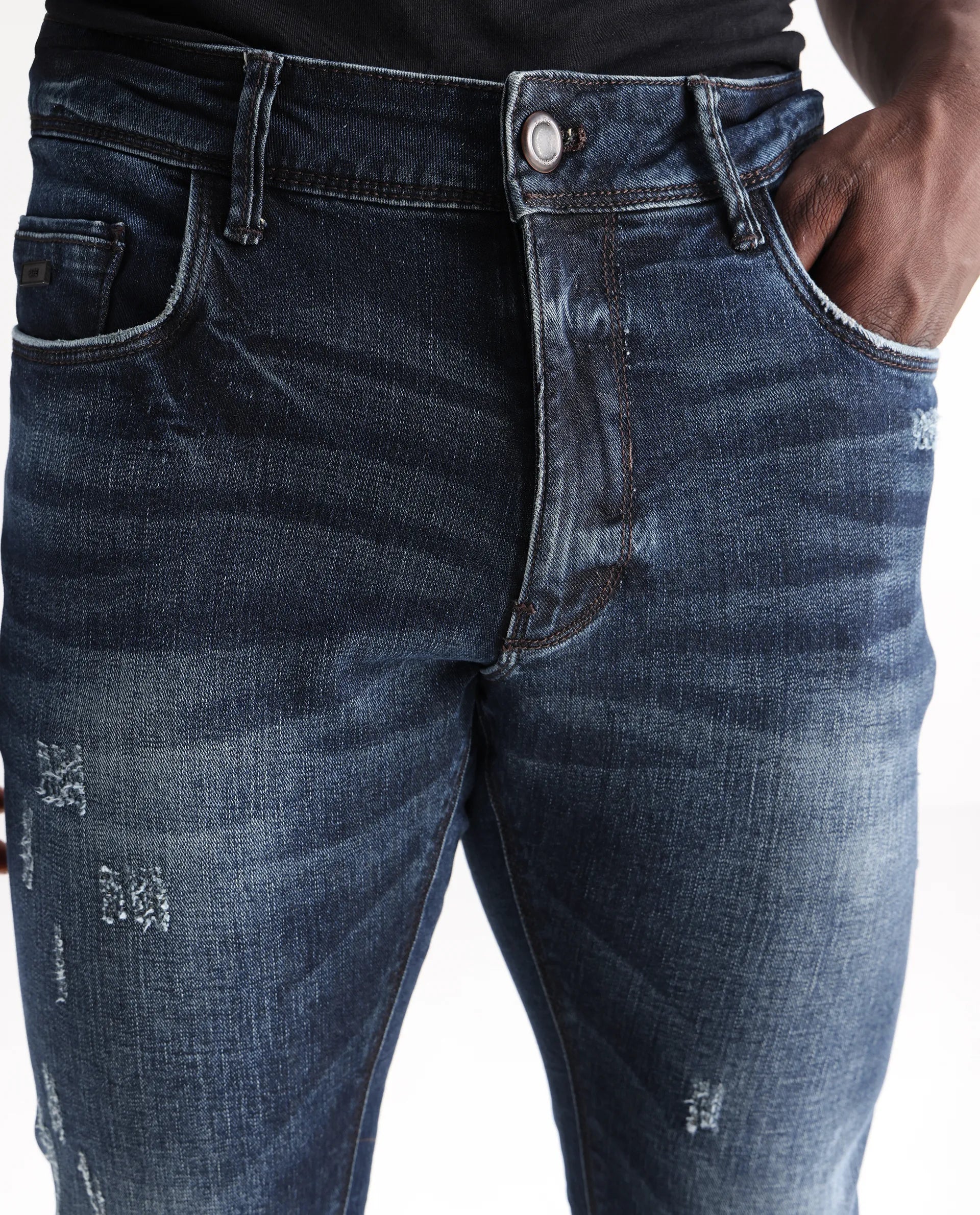 Rare Rabbit Men's Parle Navy Cotton Plain Hawk Slim Fit Jeans