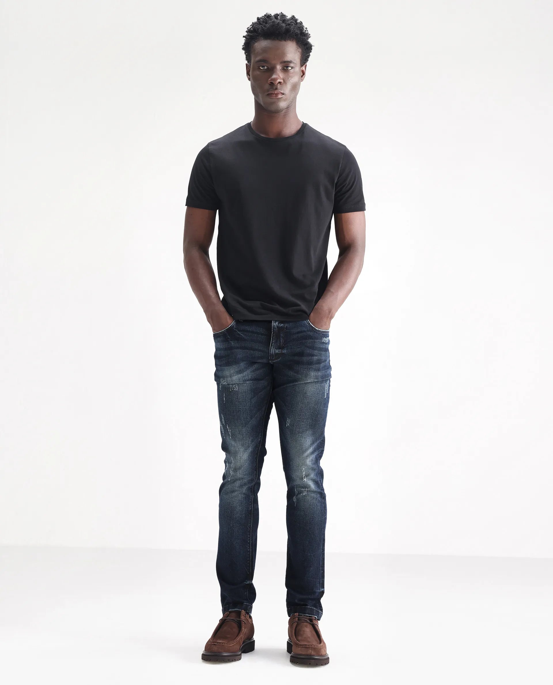 Rare Rabbit Men's Parle Navy Cotton Plain Hawk Slim Fit Jeans