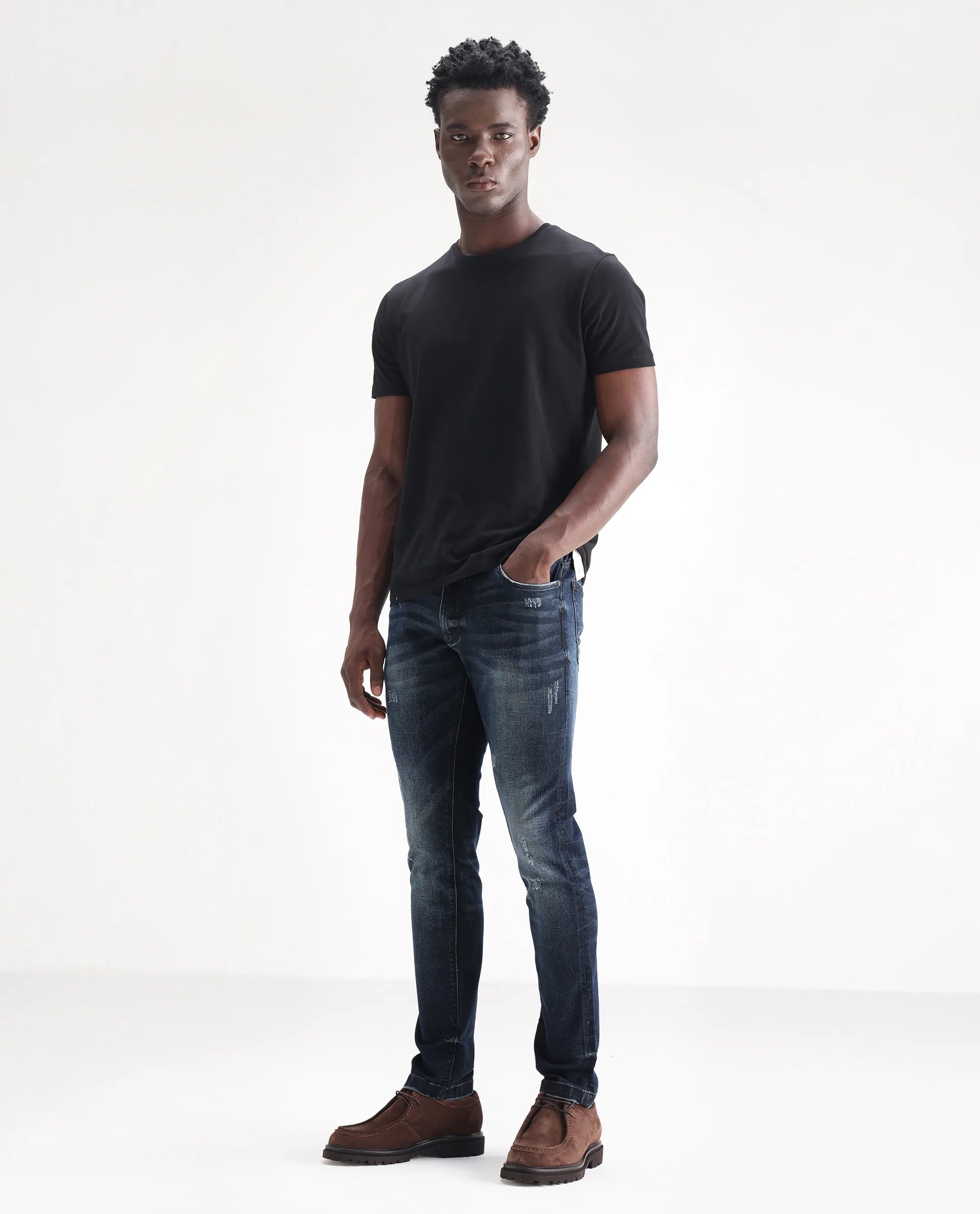 Rare Rabbit Men's Parle Navy Cotton Plain Hawk Slim Fit Jeans