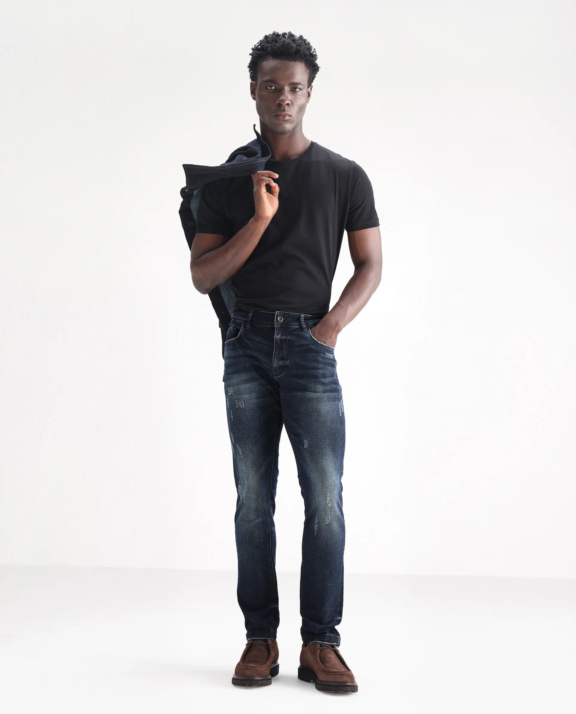 Rare Rabbit Men's Parle Navy Cotton Plain Hawk Slim Fit Jeans