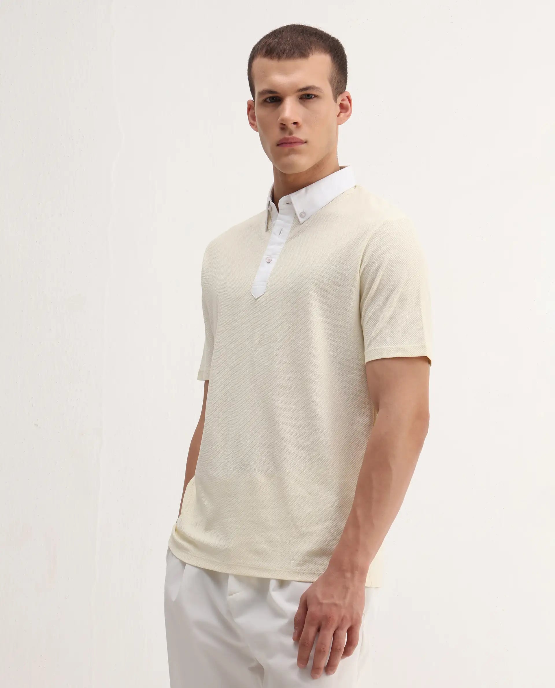 Rare Rabbit Men's Parma2 Pastel Yellow Cotton Plain Regular Fit Half Sleeve Polo