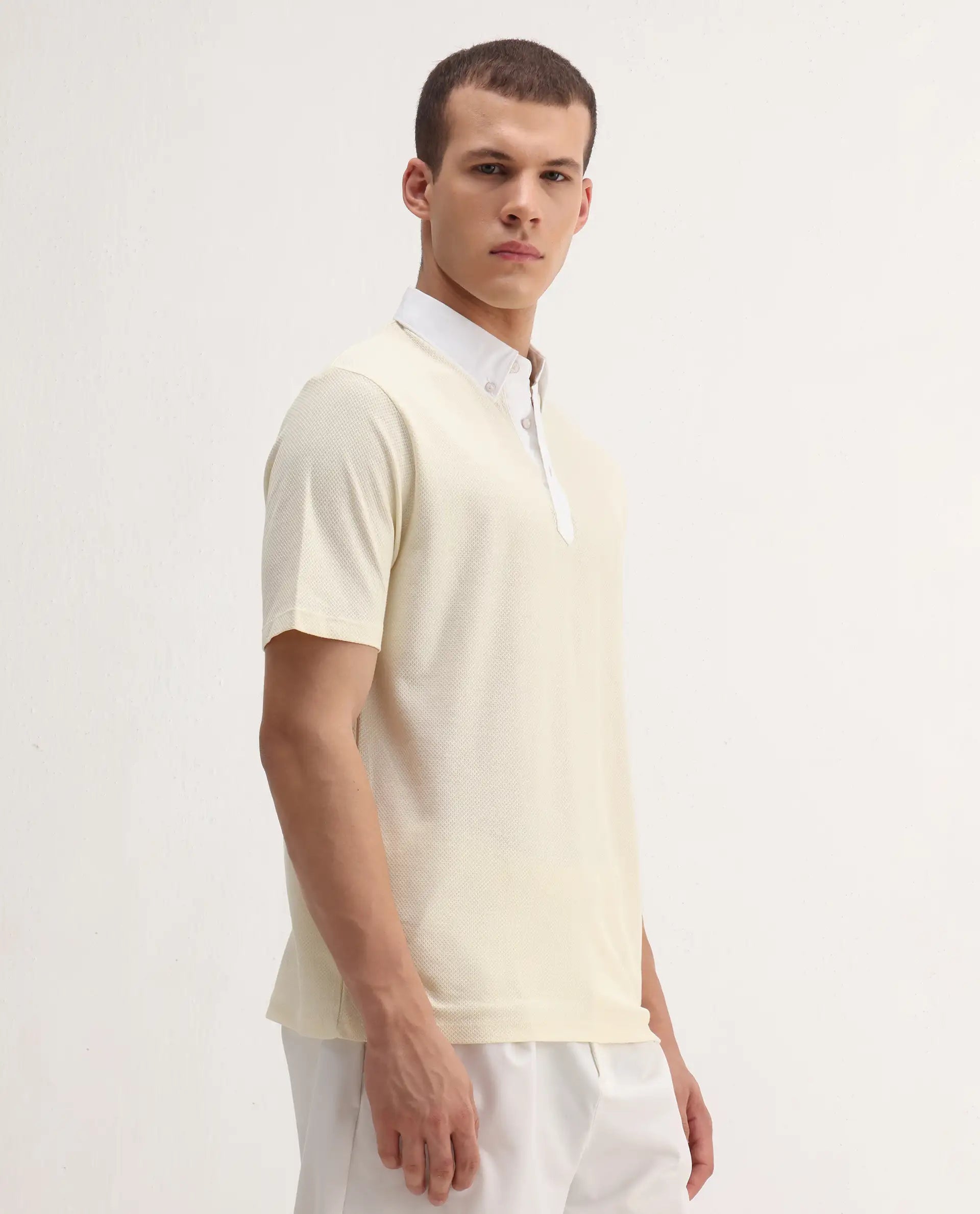 Rare Rabbit Men's Parma2 Pastel Yellow Cotton Plain Regular Fit Half Sleeve Polo