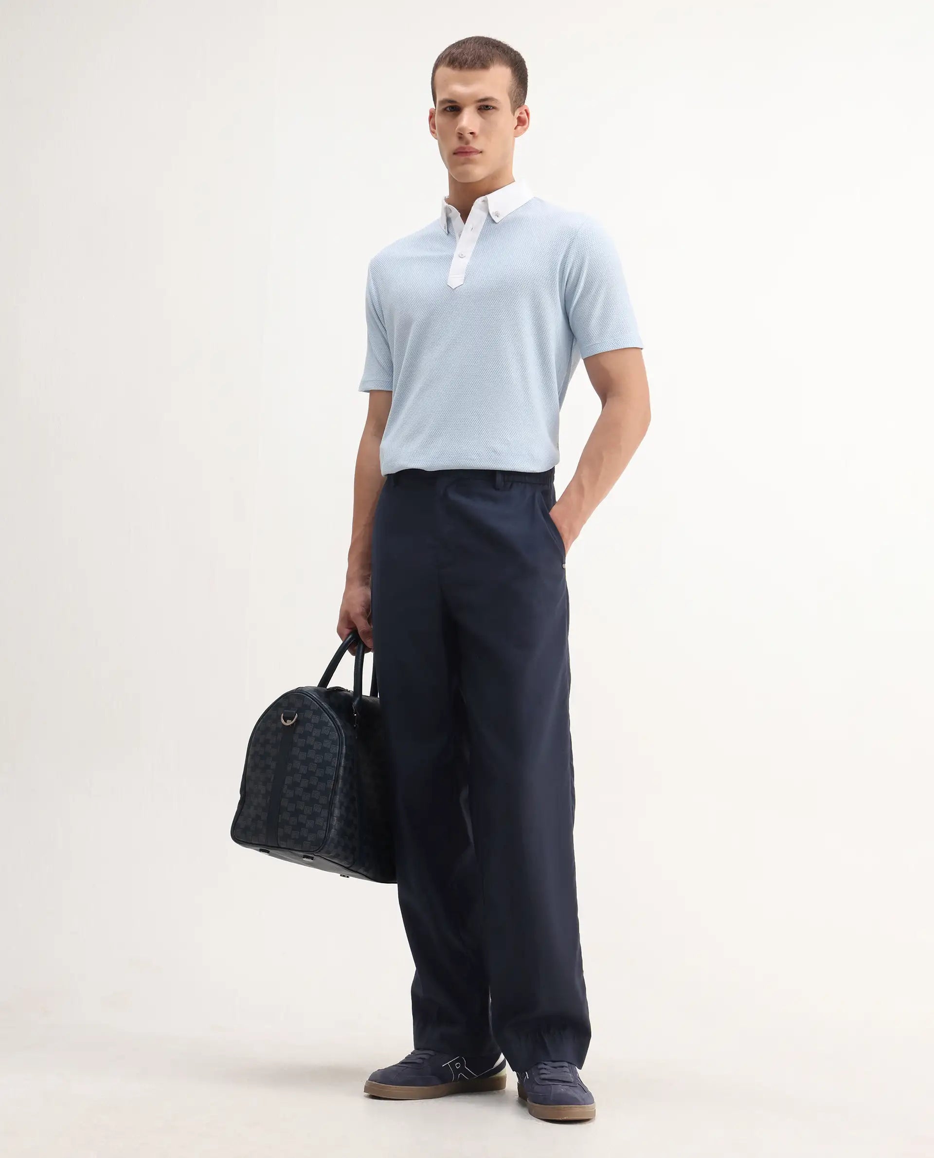 Rare Rabbit Men's Parma-3 Pastel Blue Cotton Plain Regular Fit Half Sleeve Polo