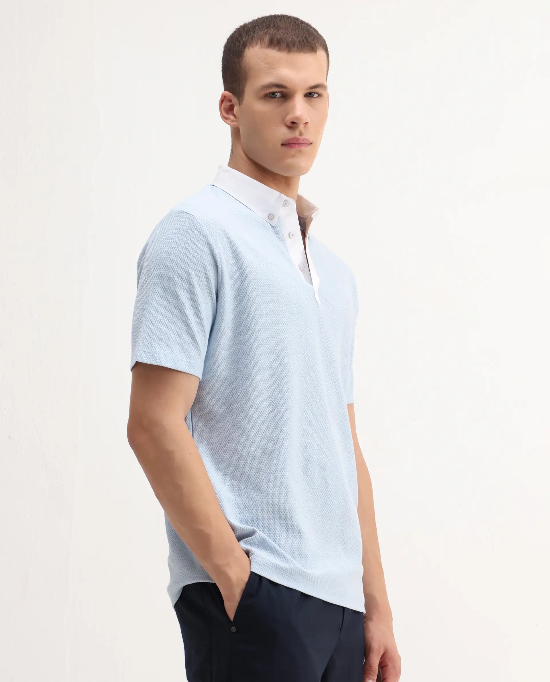 Rare Rabbit Men's Parma-3 Pastel Blue Cotton Plain Regular Fit Half Sleeve Polo