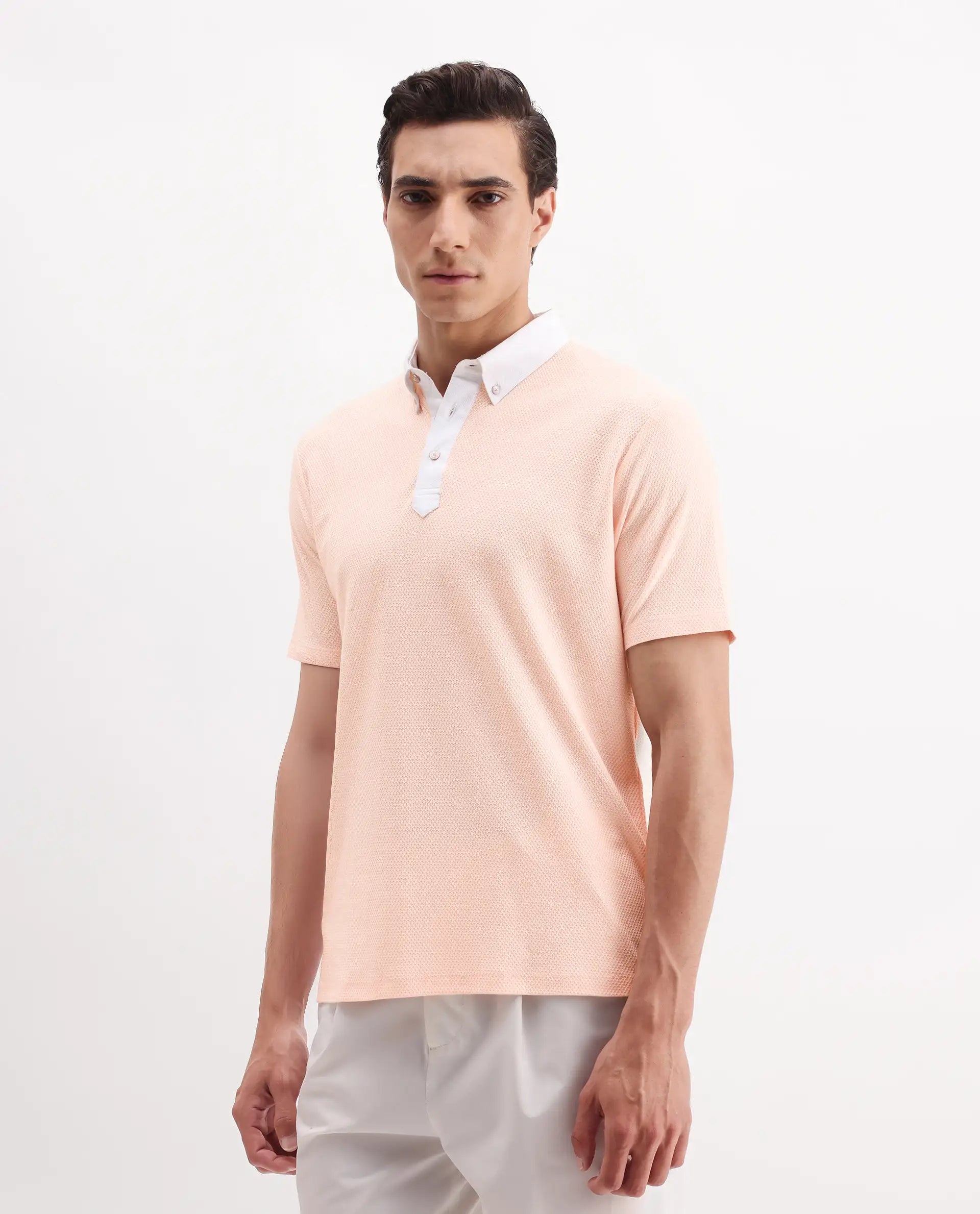 Rare Rabbit Men's Parma-3 Pastel Pink Cotton Plain Regular Fit Half Sleeve Polo
