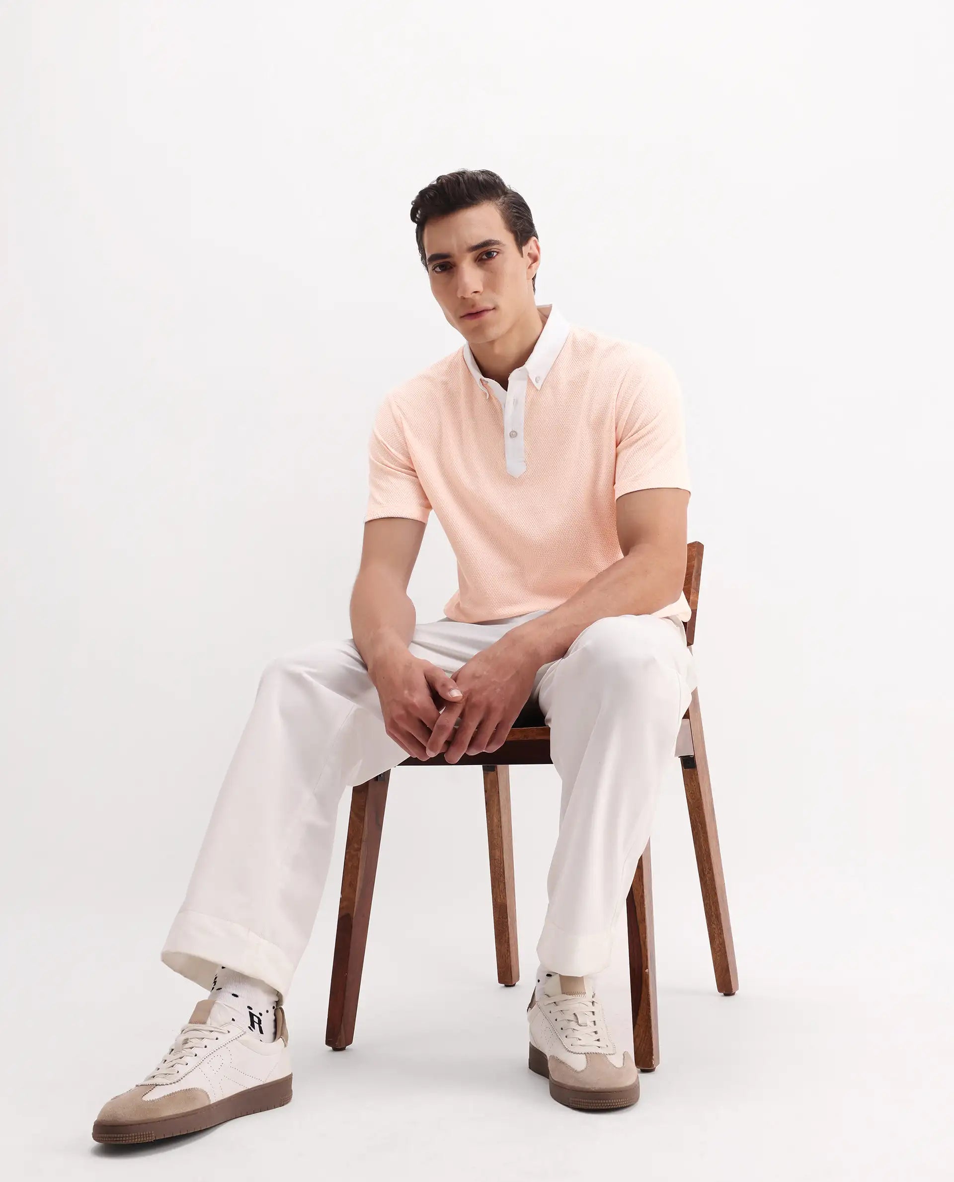 Rare Rabbit Men's Parma-3 Pastel Pink Cotton Plain Regular Fit Half Sleeve Polo