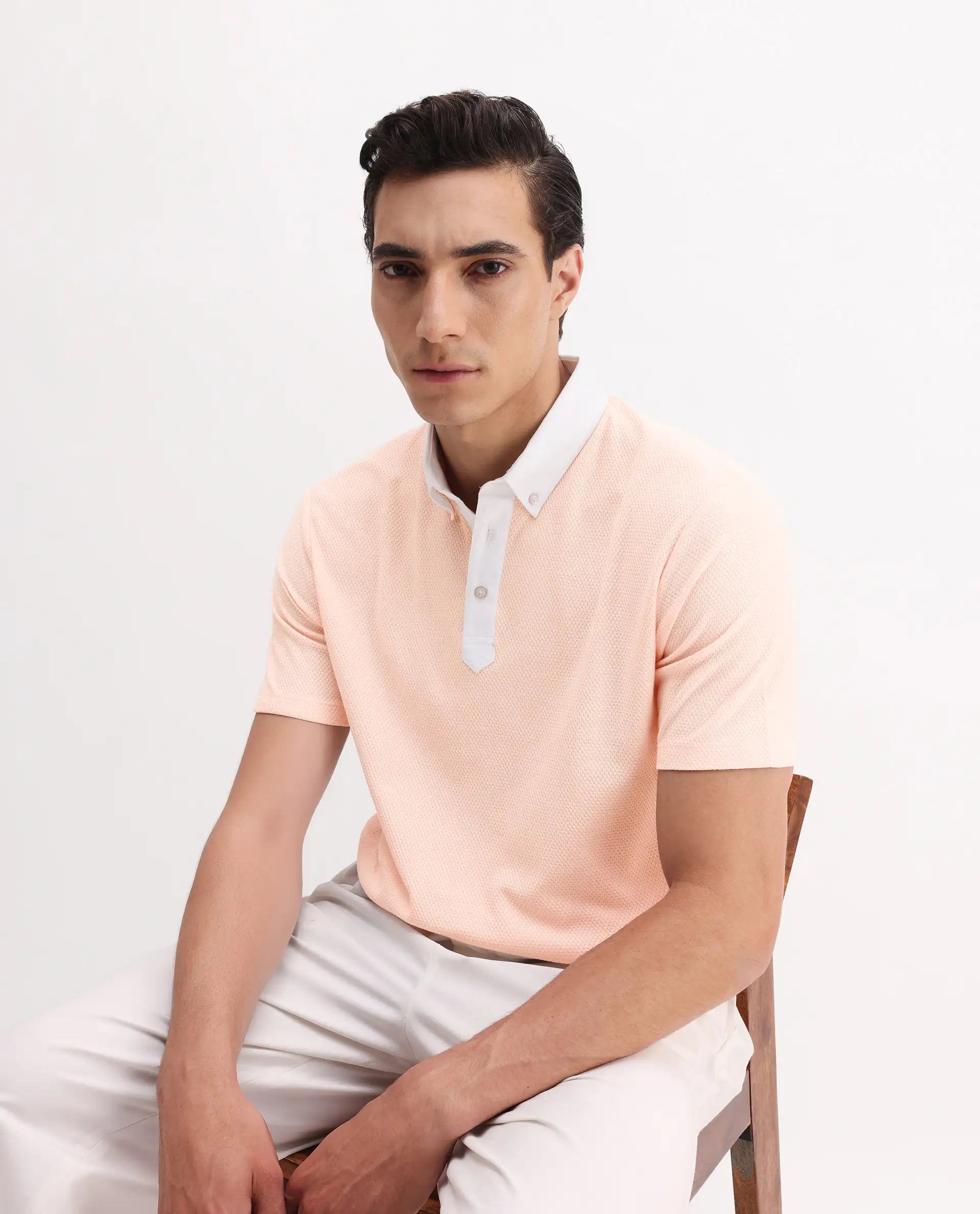 Rare Rabbit Men's Parma-3 Pastel Pink Cotton Plain Regular Fit Half Sleeve Polo