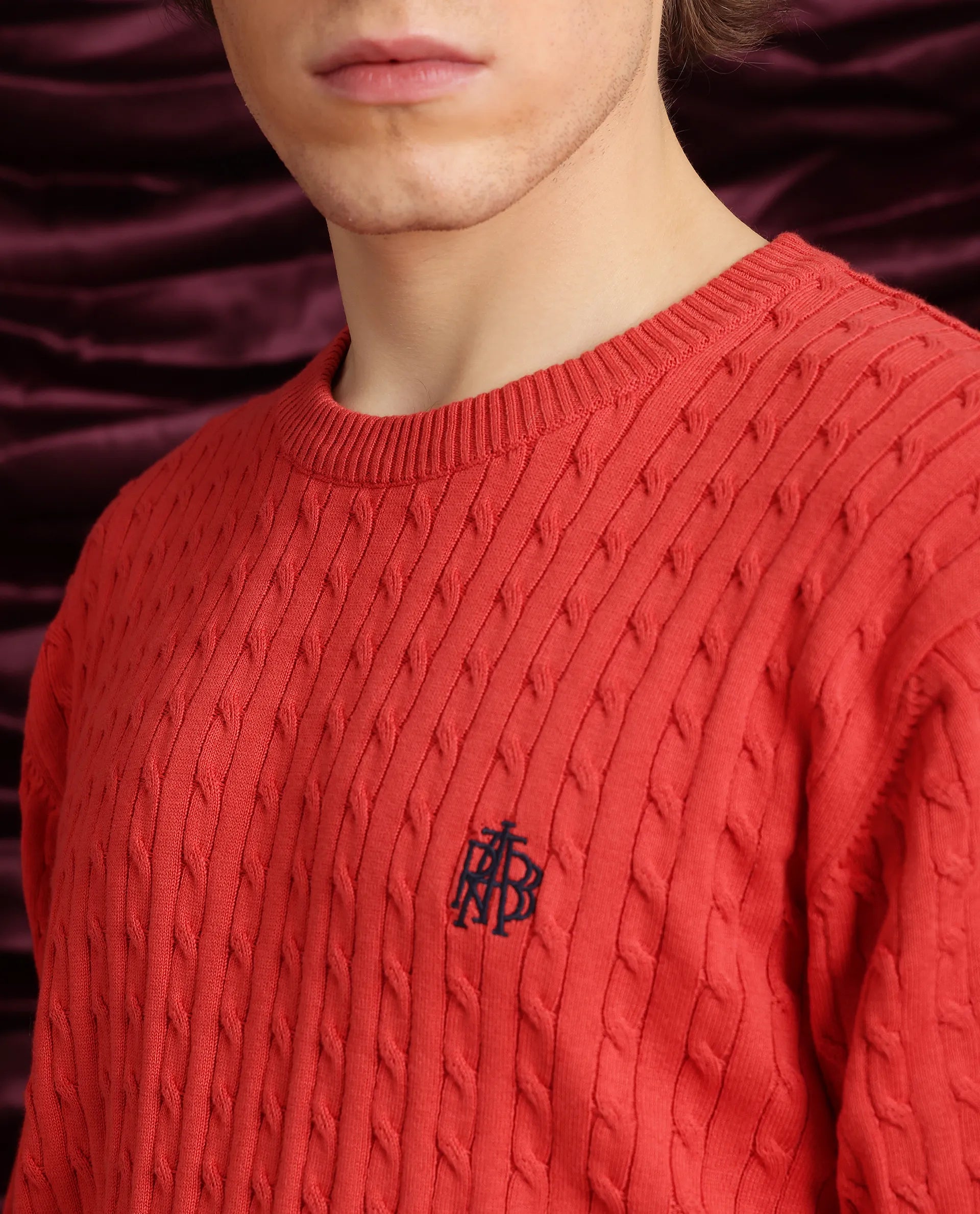 Rare Rabbit Men's Prota Orange Full Sleeve Collarless Regular Fit Plain Sweater