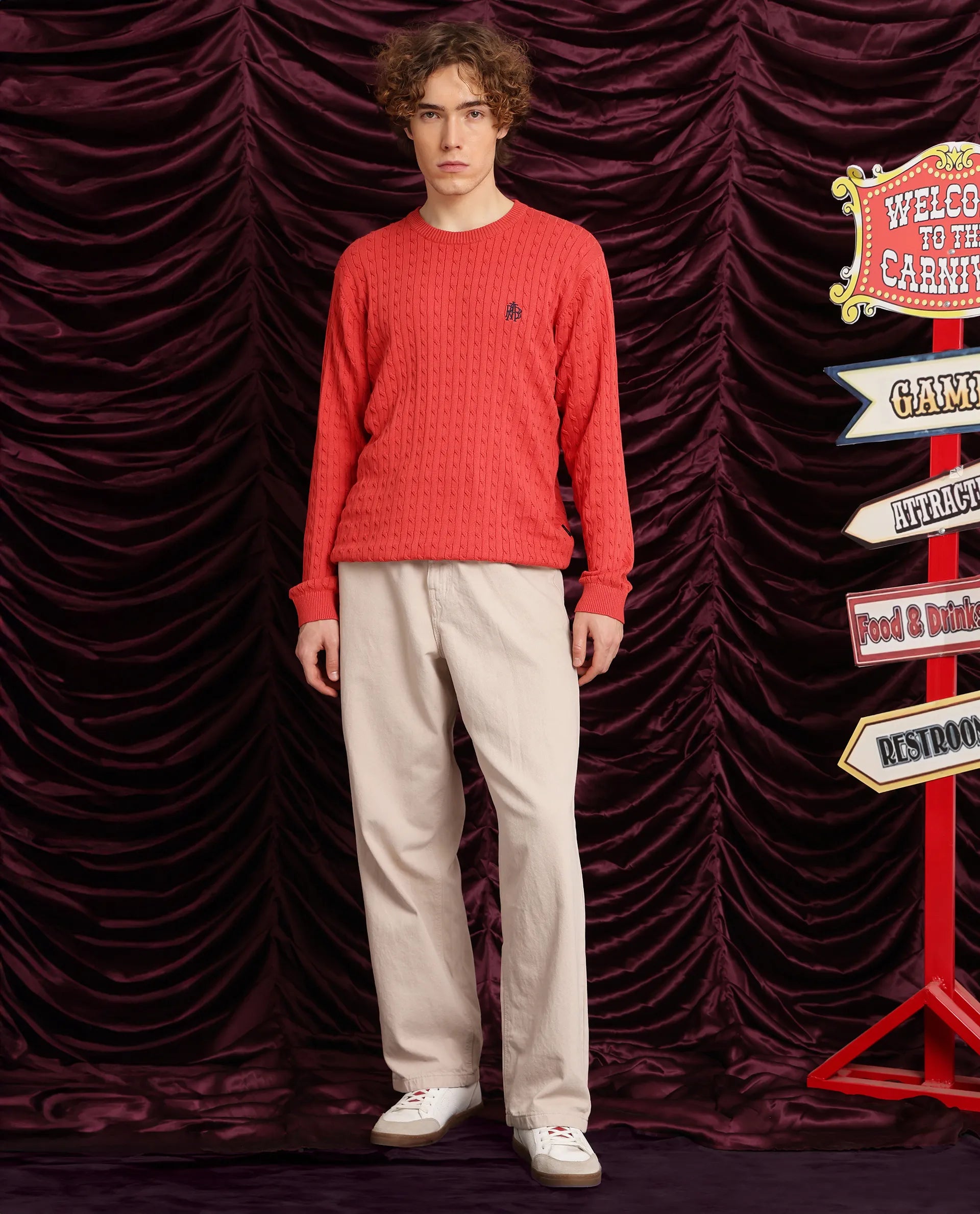 Rare Rabbit Men's Prota Orange Full Sleeve Collarless Regular Fit Plain Sweater