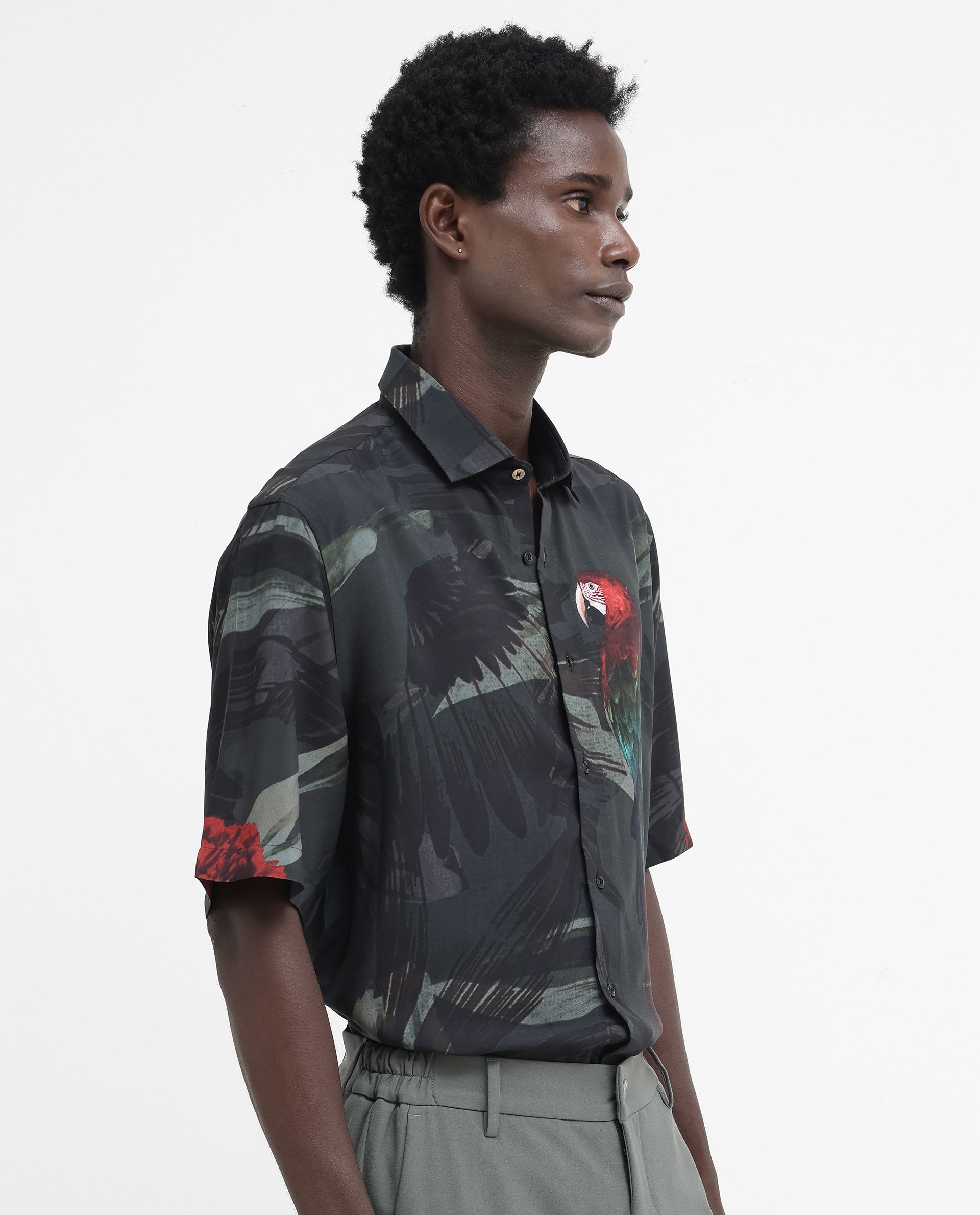 Rare Rabbit Mens Parrot Dark Grey Viscose Fabric Short Sleeve Boxy Fit Animal Print Shirt